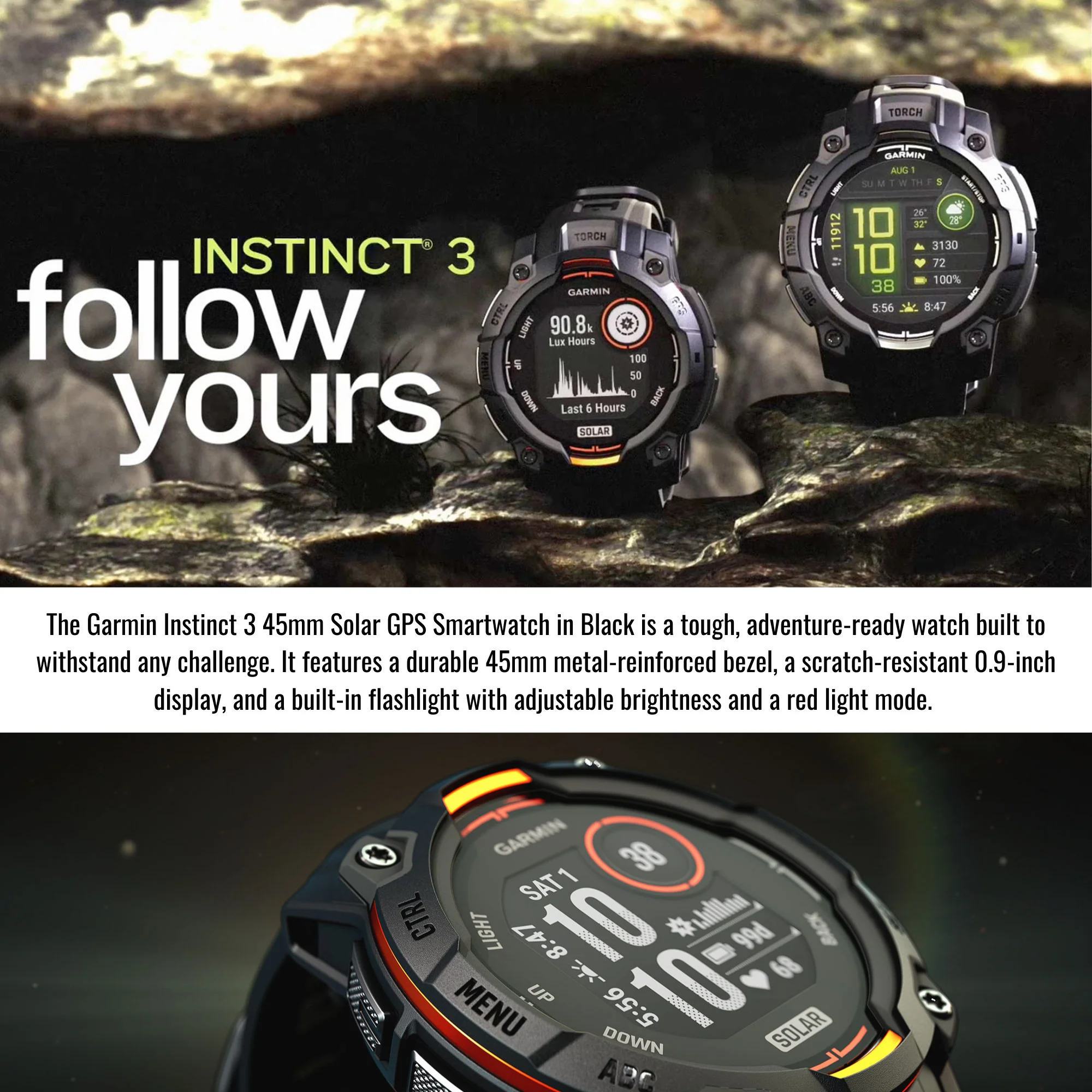 Garmin Instinct 3 45mm Solar GPS Smartwatch with SatIQ Technology (Black) and Charger Stand Bundle - Image 4