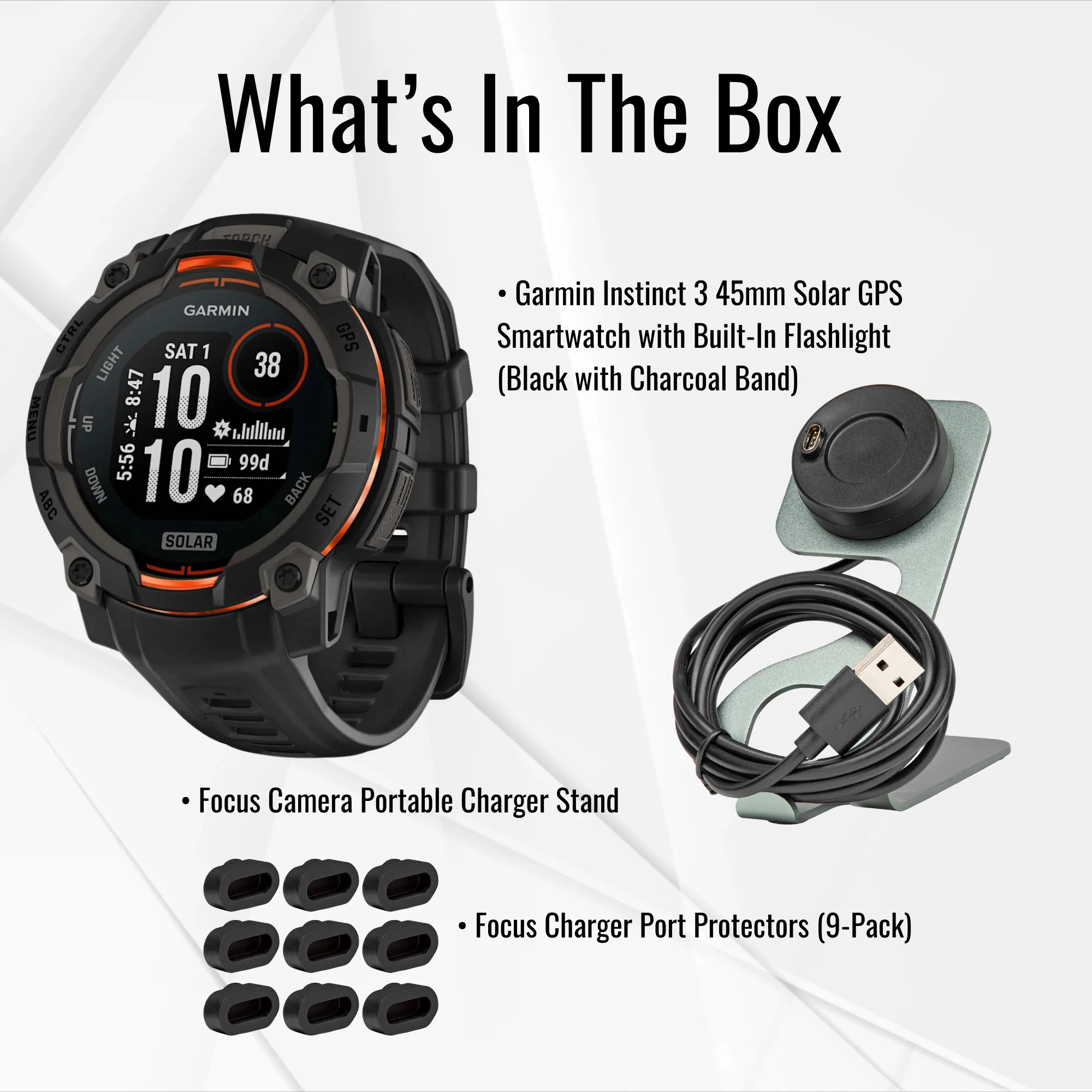 Garmin Instinct 3 45mm Solar GPS Smartwatch with SatIQ Technology (Black) and Charger Stand Bundle - Image 7