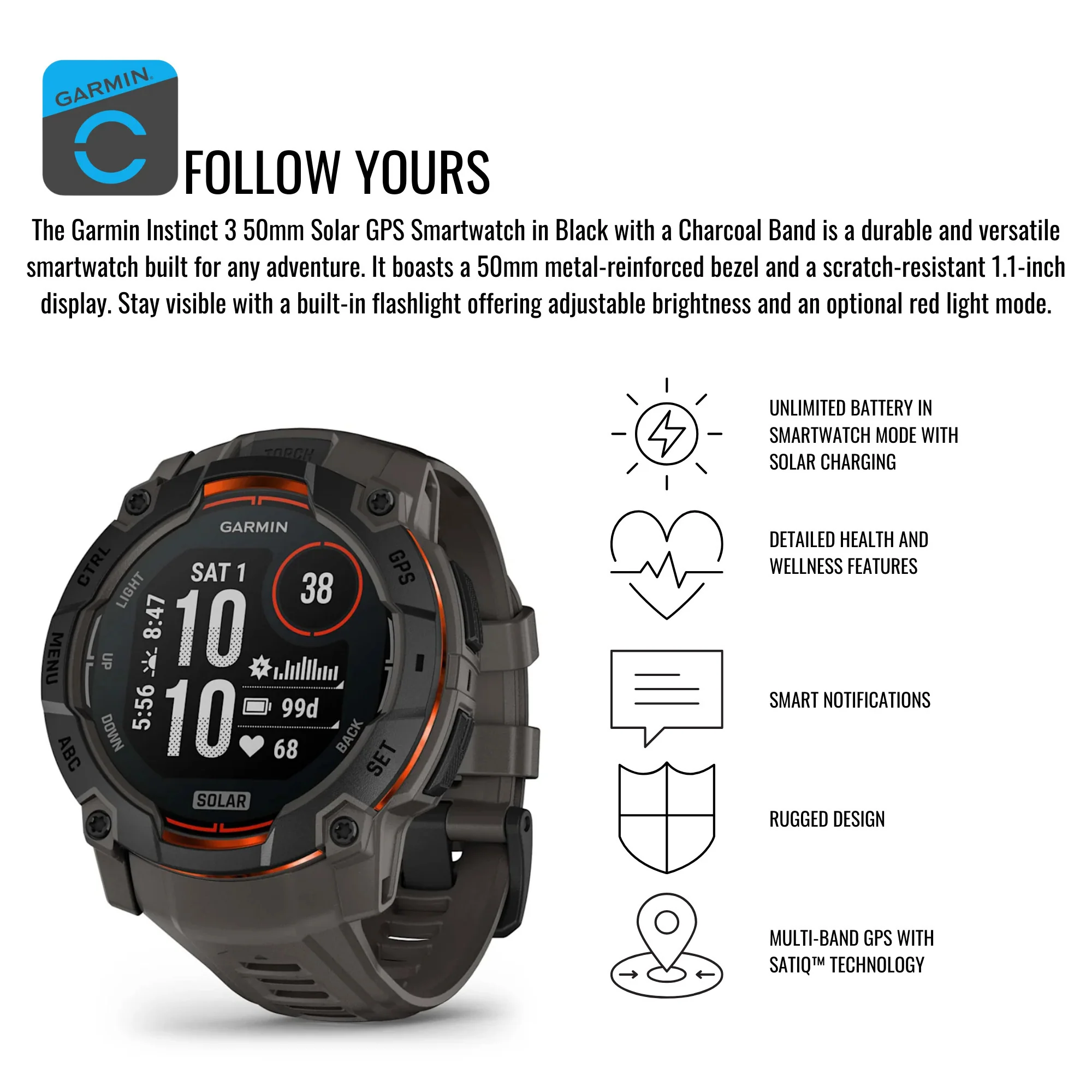 Garmin Instinct 3 50mm Solar GPS Smartwatch (Black with Charcoal Band) and Charger Stand Bundle - Image 3