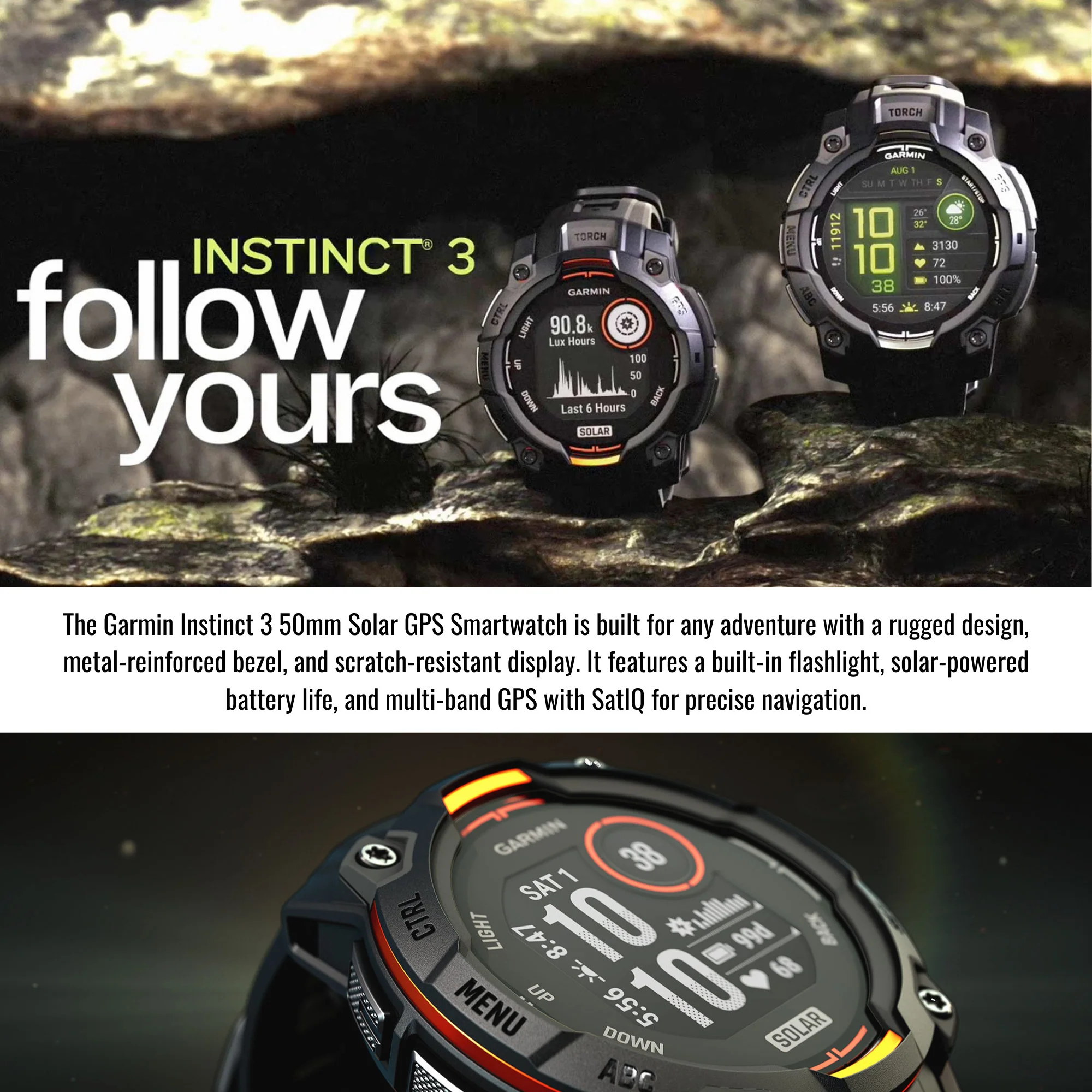 Garmin Instinct 3 50mm Solar GPS Smartwatch (Black with Charcoal Band) and Charger Stand Bundle - Image 4