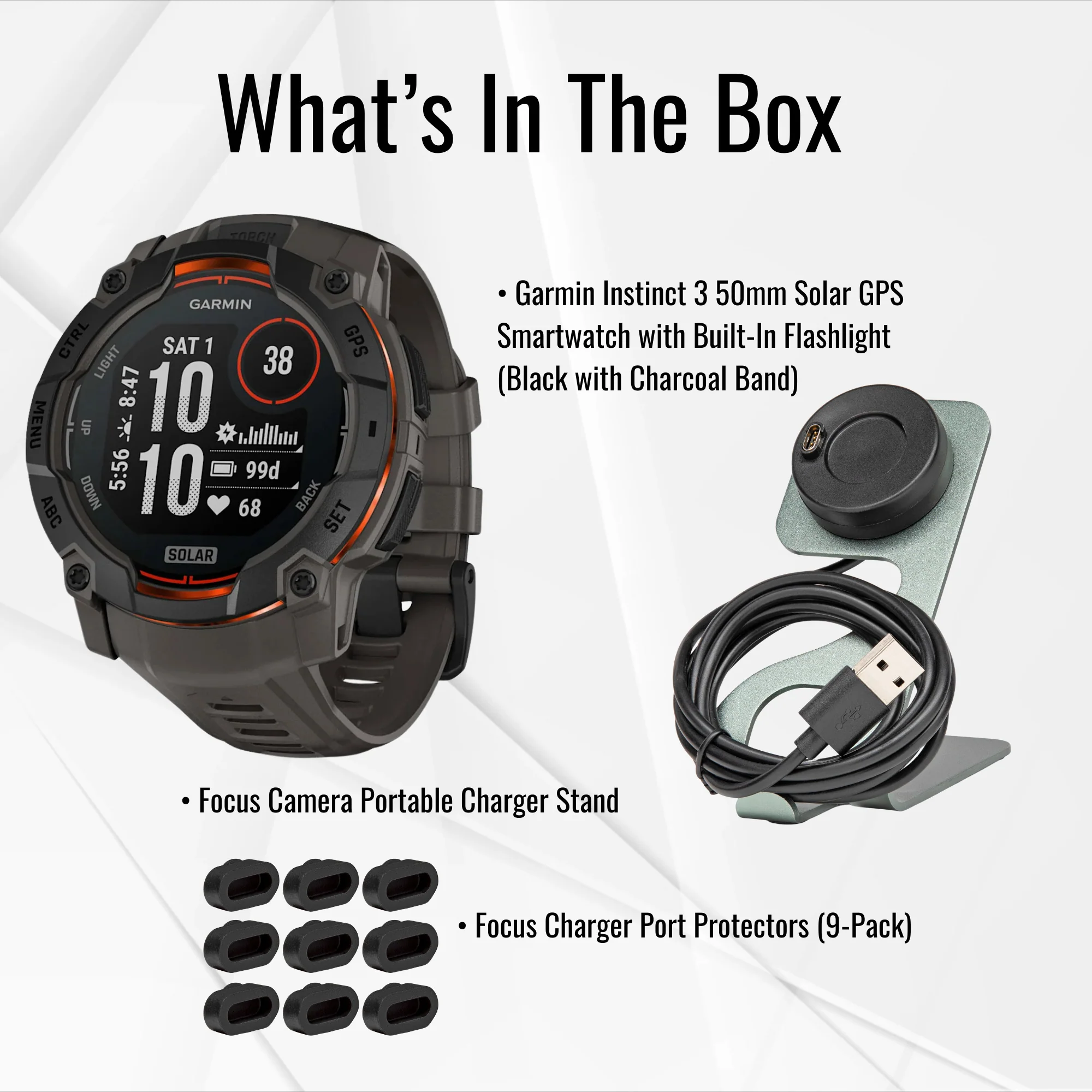 Garmin Instinct 3 50mm Solar GPS Smartwatch (Black with Charcoal Band) and Charger Stand Bundle - Image 7