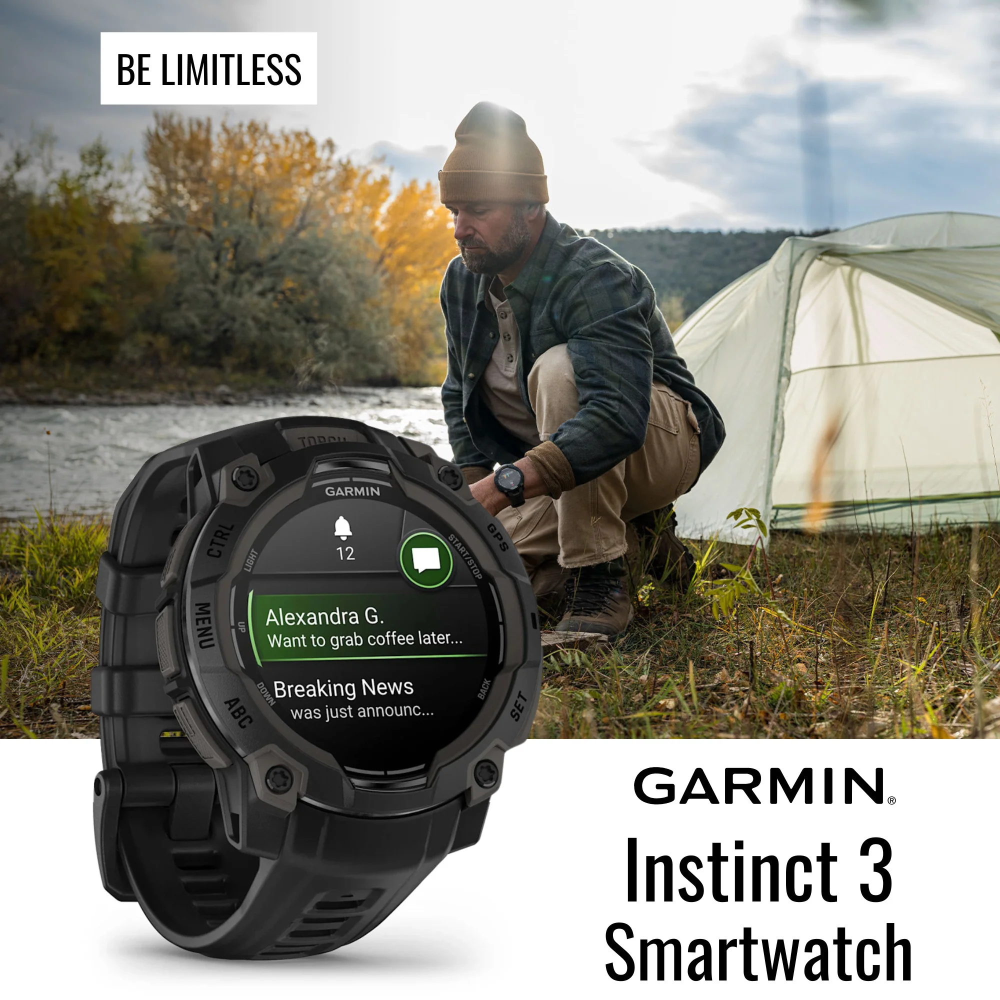 Garmin Instinct 3 45mm AMOLED GPS Smartwatch (Black) and Focus Camera Charger Stand Bundle - Image 2