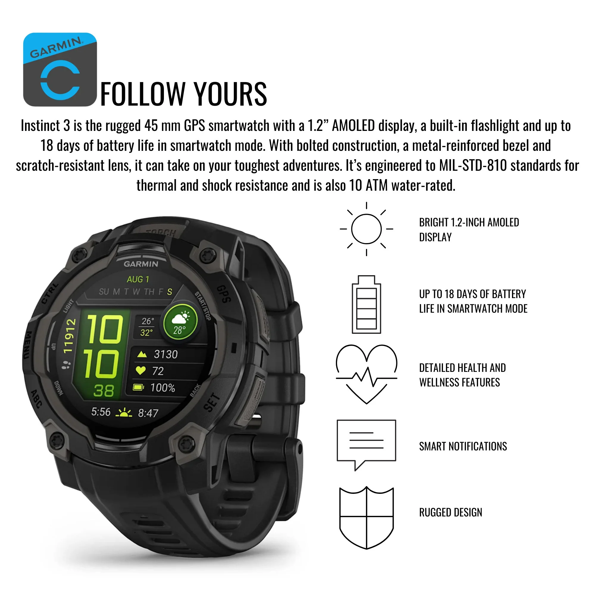 Garmin Instinct 3 45mm AMOLED GPS Smartwatch (Black) and Focus Camera Charger Stand Bundle - Image 3
