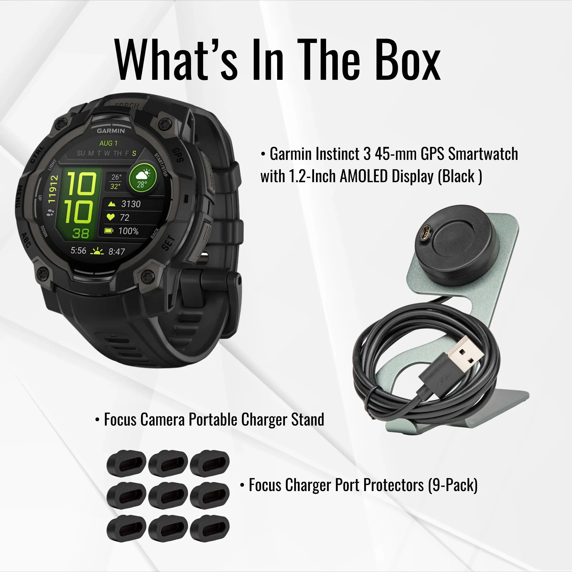 Garmin Instinct 3 45mm AMOLED GPS Smartwatch (Black) and Focus Camera Charger Stand Bundle - Image 7