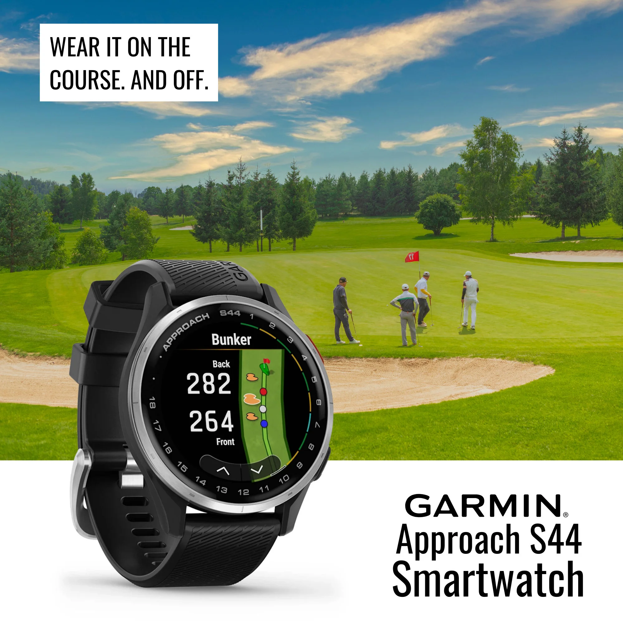 Garmin Approach S44 GPS AMOLED Golf Smartwatch (Silver Aluminum Bezel, Black Silicone Band) Bundle - Image 2