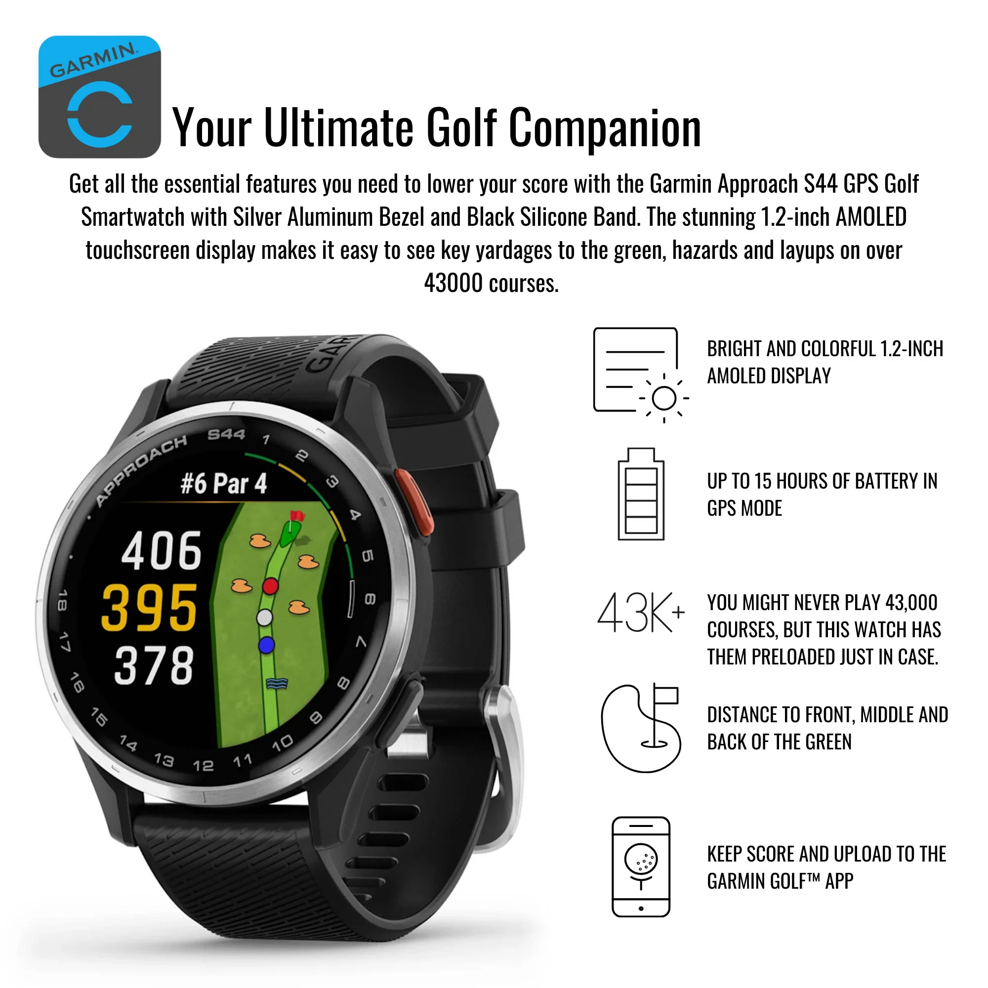 Garmin Approach S44 GPS AMOLED Golf Smartwatch (Silver Aluminum Bezel, Black Silicone Band) Bundle - Image 4
