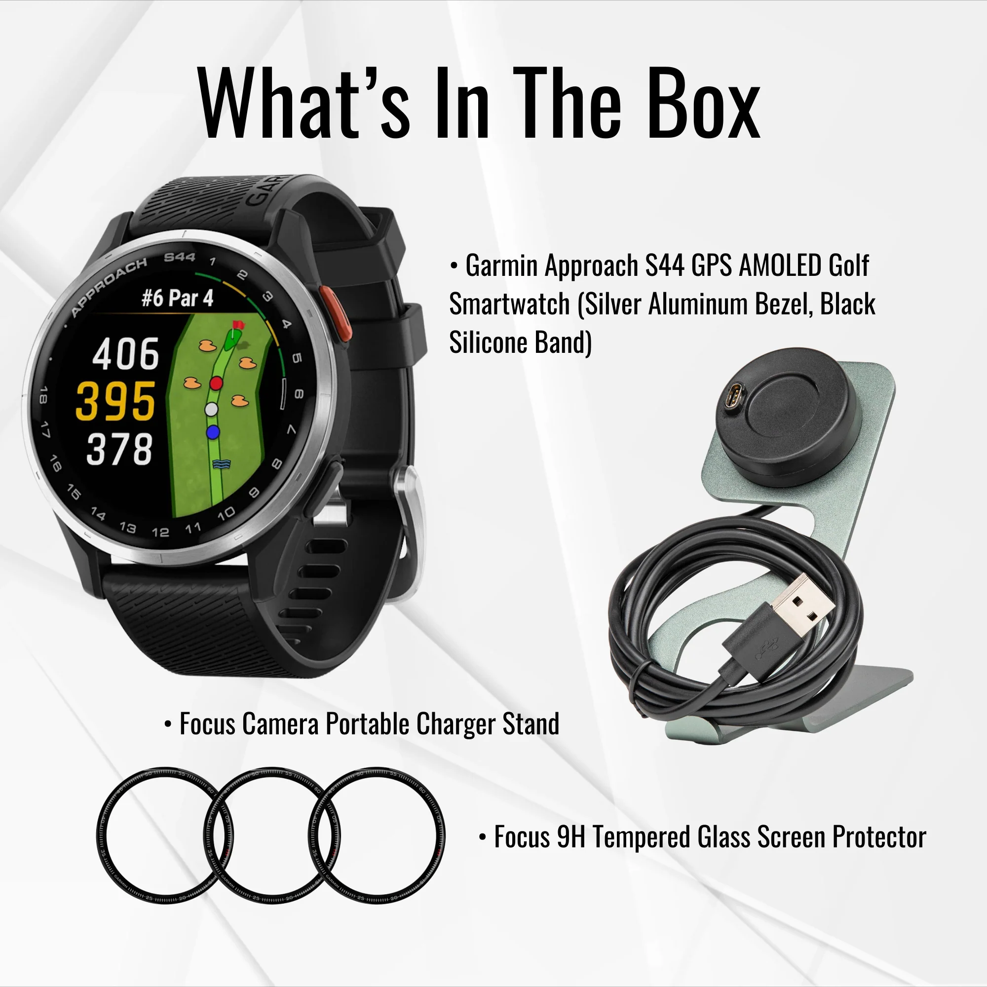 Garmin Approach S44 GPS AMOLED Golf Smartwatch (Silver Aluminum Bezel, Black Silicone Band) Bundle - Image 7
