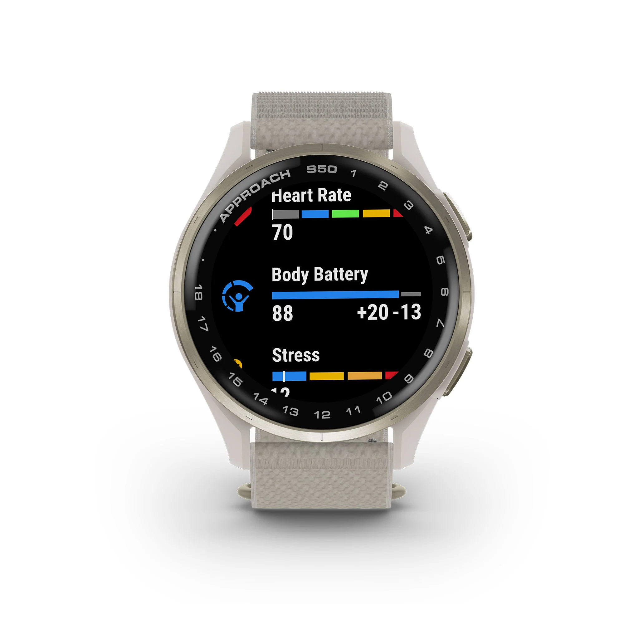 Garmin Approach S50 GPS Golf Smartwatch (Cream Gold Aluminum Bezel, Ivory ComfortFit Nylon Band) - Image 2