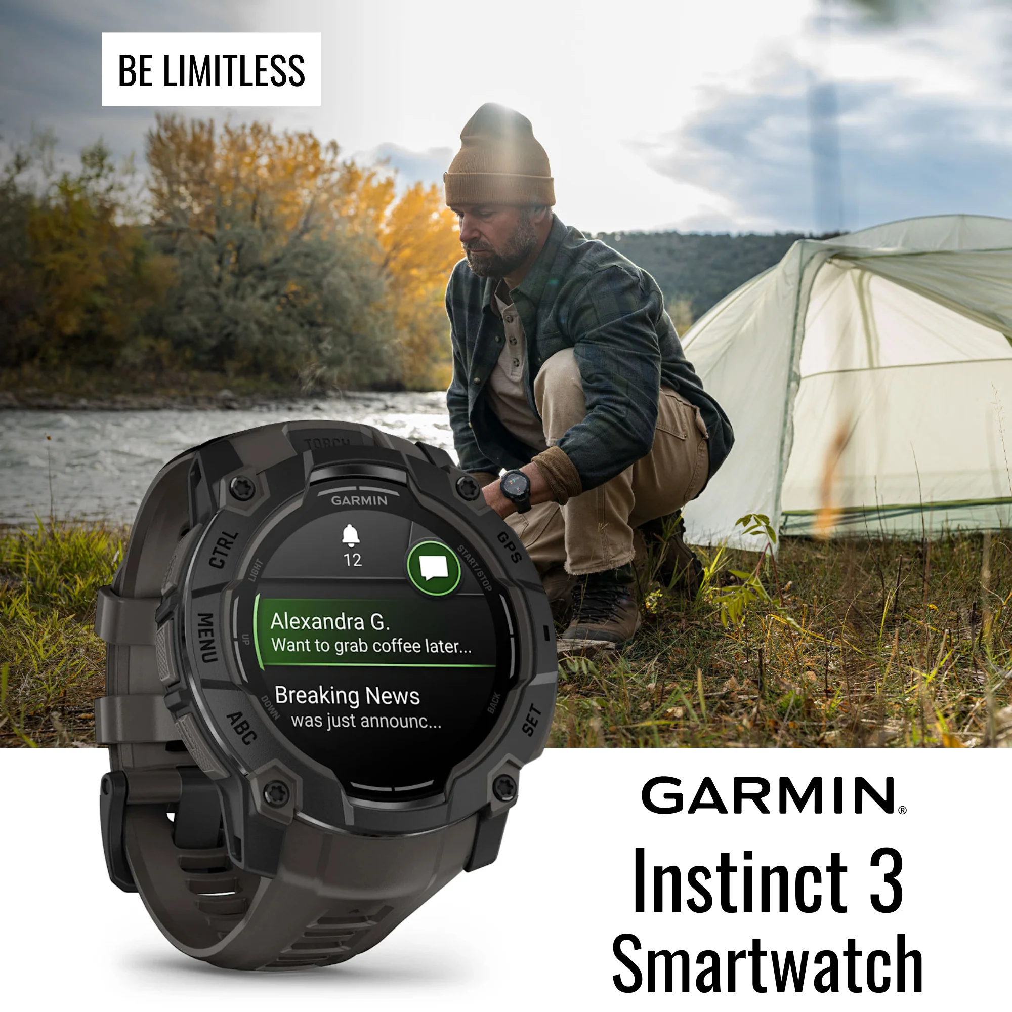 Garmin Instinct 3 50mm AMOLED GPS Smartwatch (Black and Charcoal Band) and Charger Stand Bundle - Image 2