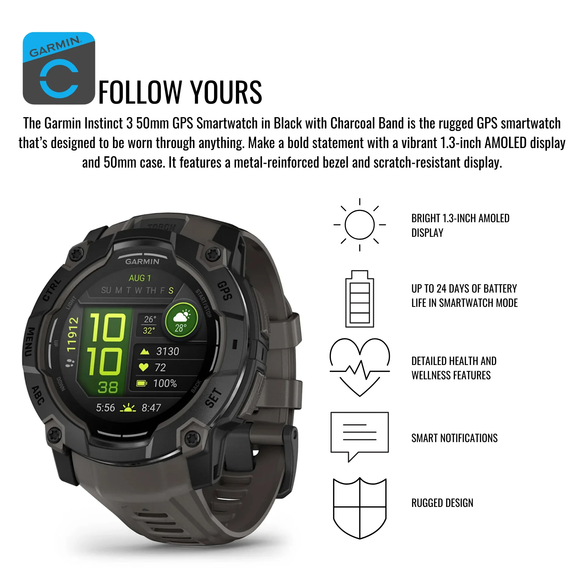 Garmin Instinct 3 50mm AMOLED GPS Smartwatch (Black and Charcoal Band) and Charger Stand Bundle - Image 3