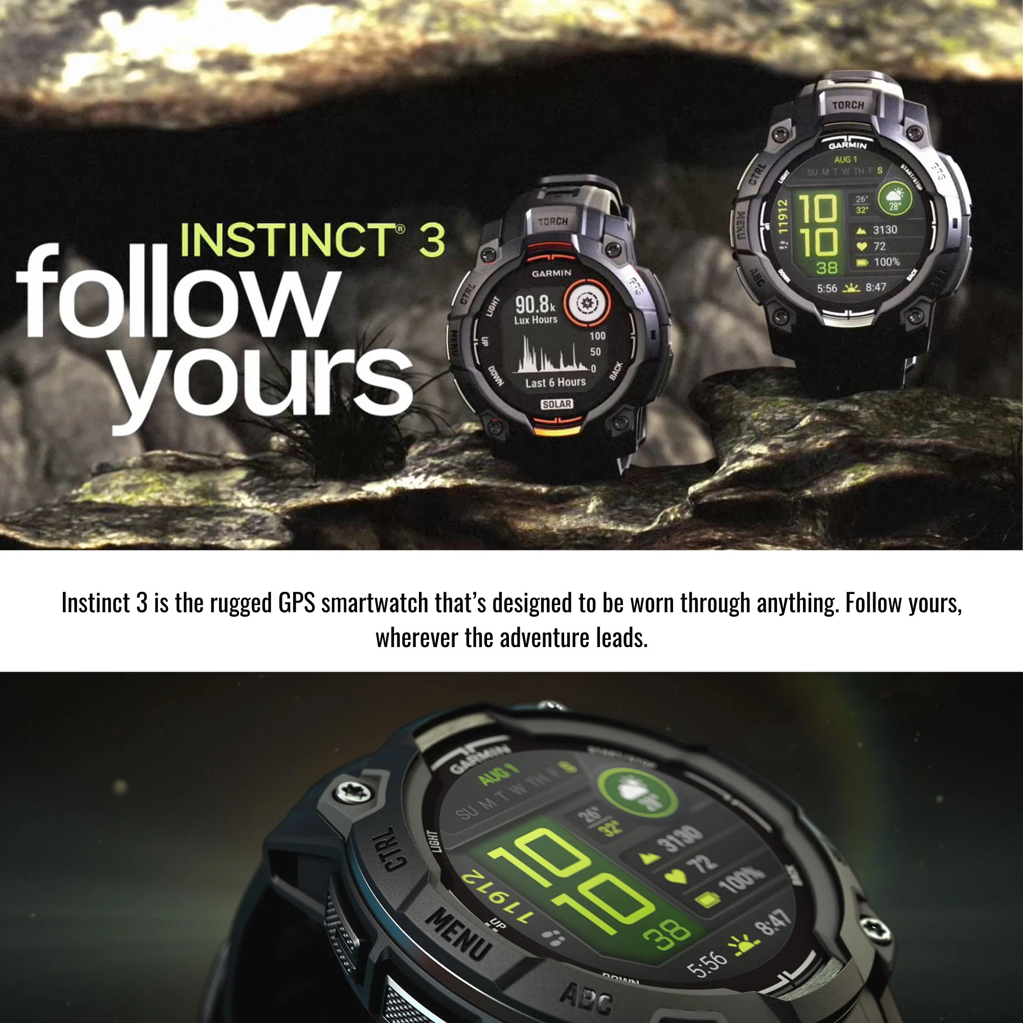 Garmin Instinct 3 50mm AMOLED GPS Smartwatch (Black and Charcoal Band) and Charger Stand Bundle - Image 4