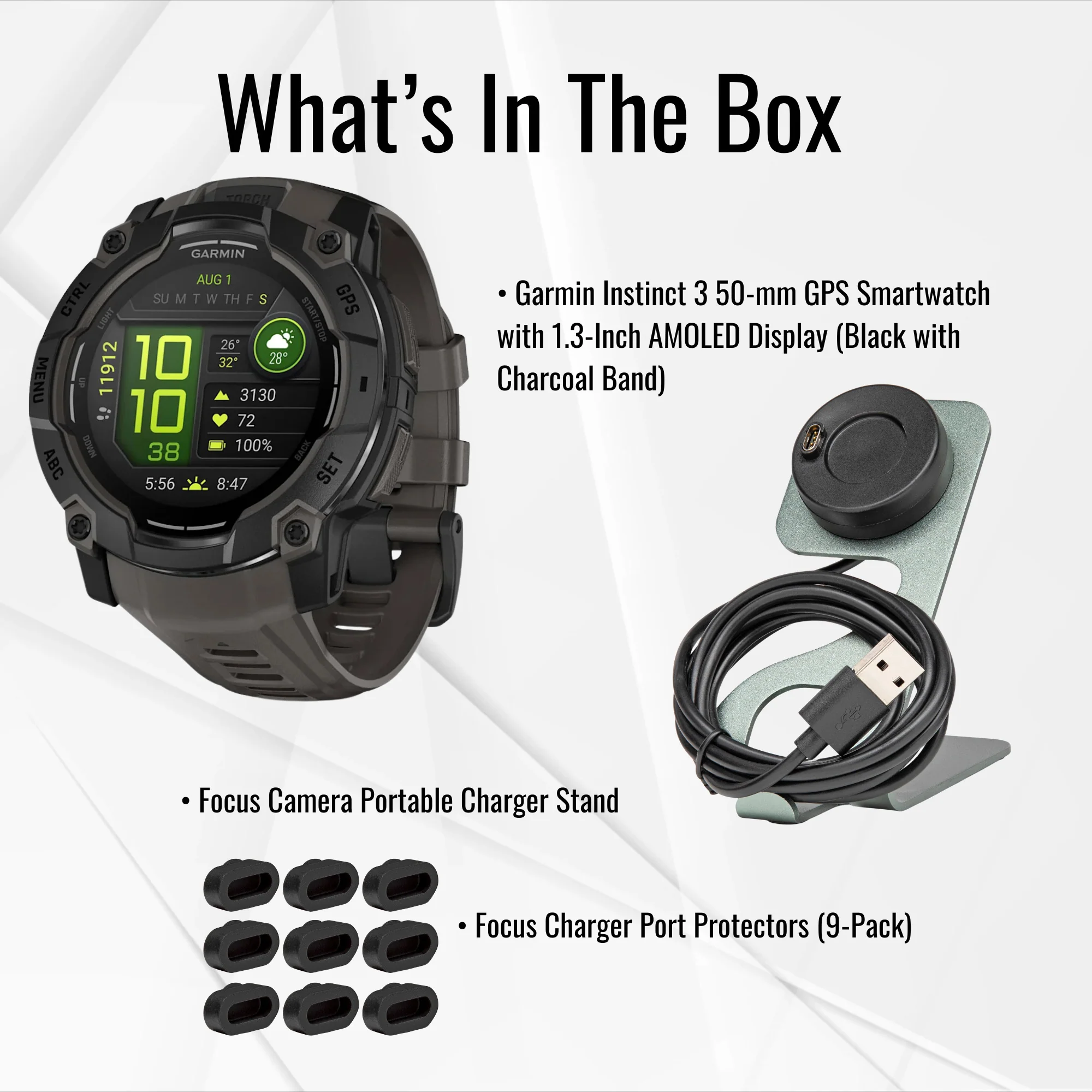 Garmin Instinct 3 50mm AMOLED GPS Smartwatch (Black and Charcoal Band) and Charger Stand Bundle - Image 7