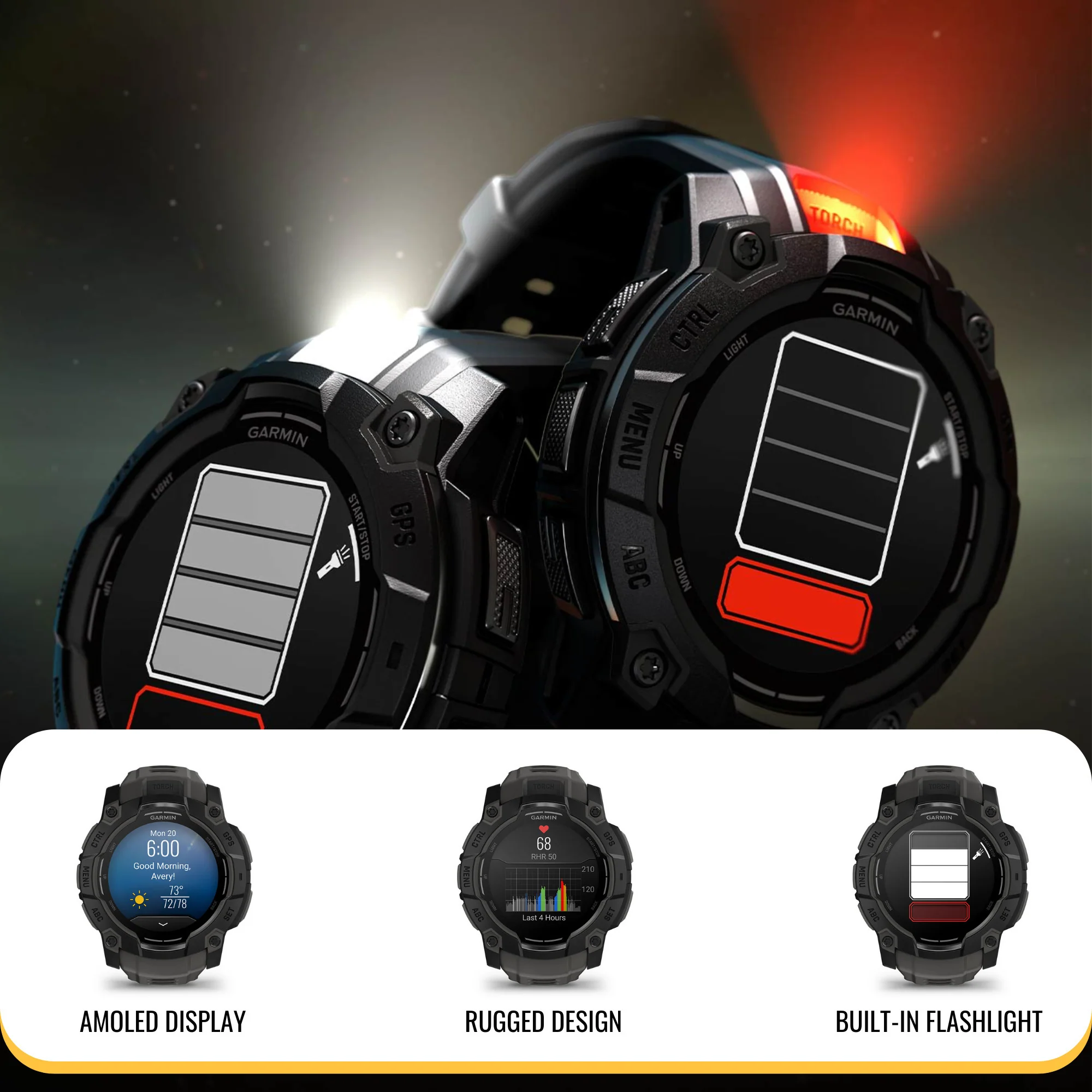 Garmin Instinct 3 50mm AMOLED GPS Smartwatch (Neo Tropic and Twilight Band) and Charger Stand Bundle - Image 5