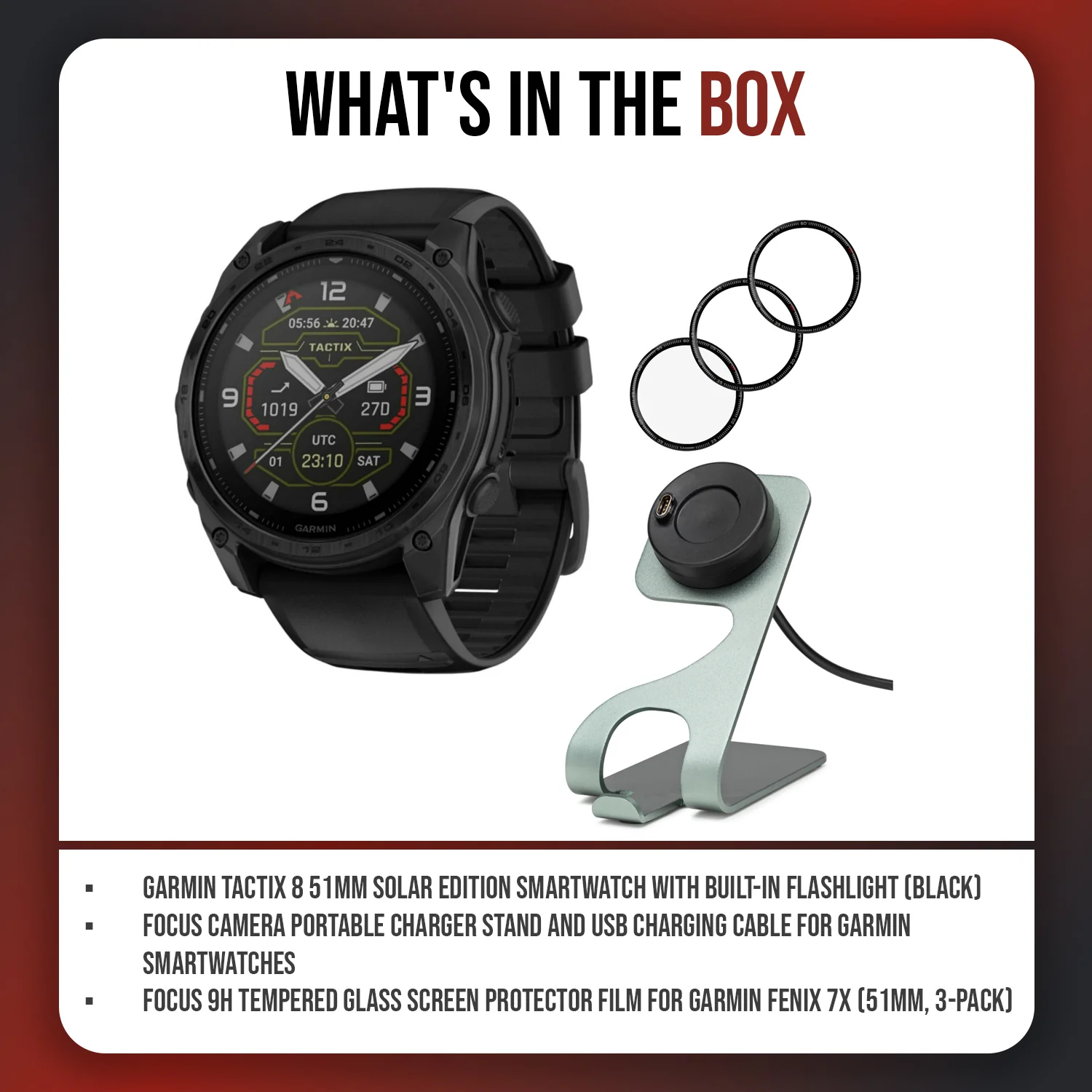 Garmin Tactix 8 51mm Solar Edition GPS Smartwatch (Black) w/ Accessories Bundle - Image 9