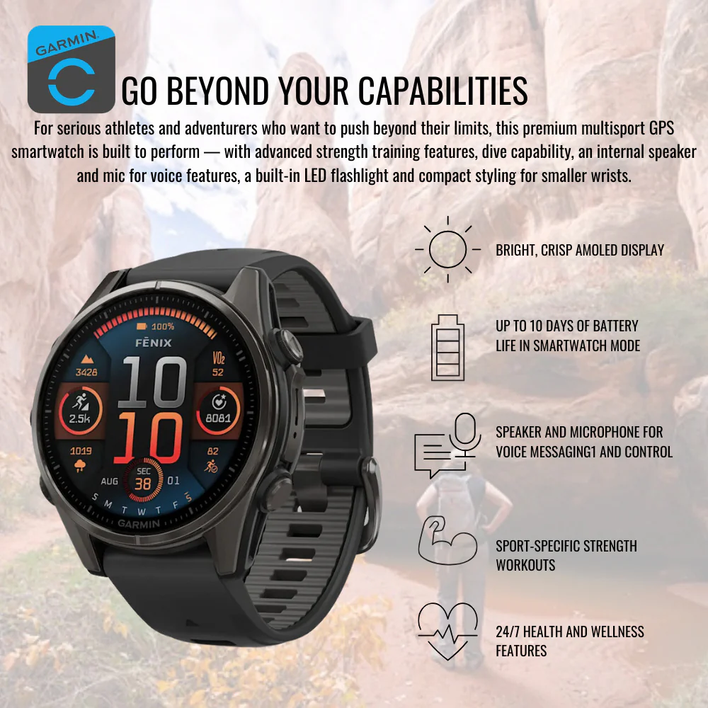 Garmin Fenix 8 43mm GPS Smartwatch (Carbon Gray DLC Titanium and Black-Pebble Gray) Bundle - Image 3