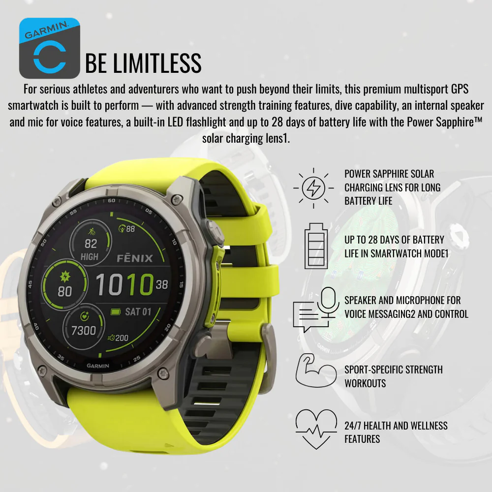 Garmin Fenix 8 Sapphire 51mm GPS Smartwatch with AMOLED Display (Amp Yellow and Graphite) Bundle - Image 5