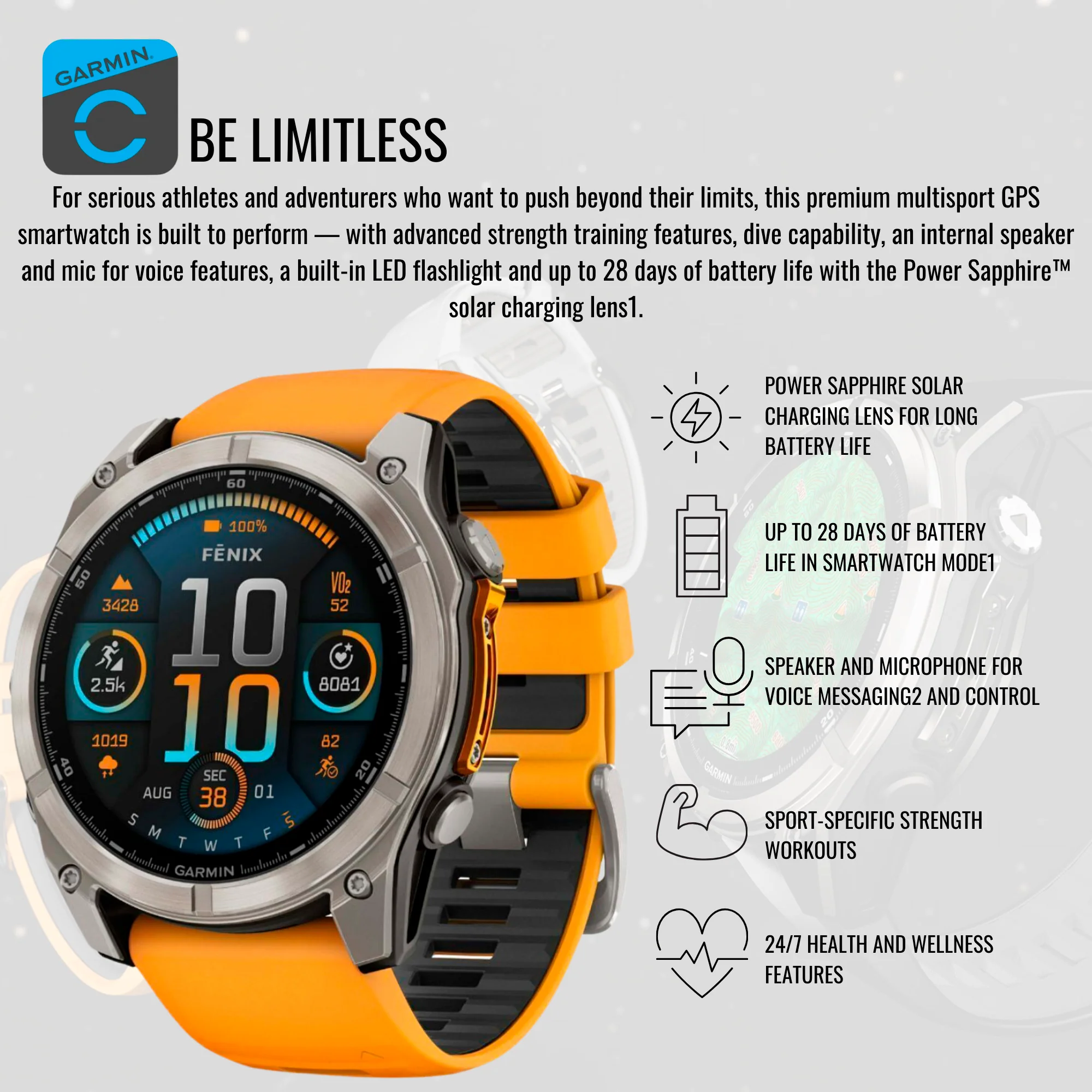 Garmin Fenix 8 Sapphire 51mm GPS Smartwatch with AMOLED Display (Spark Orange and Graphite) Bundle - Image 3