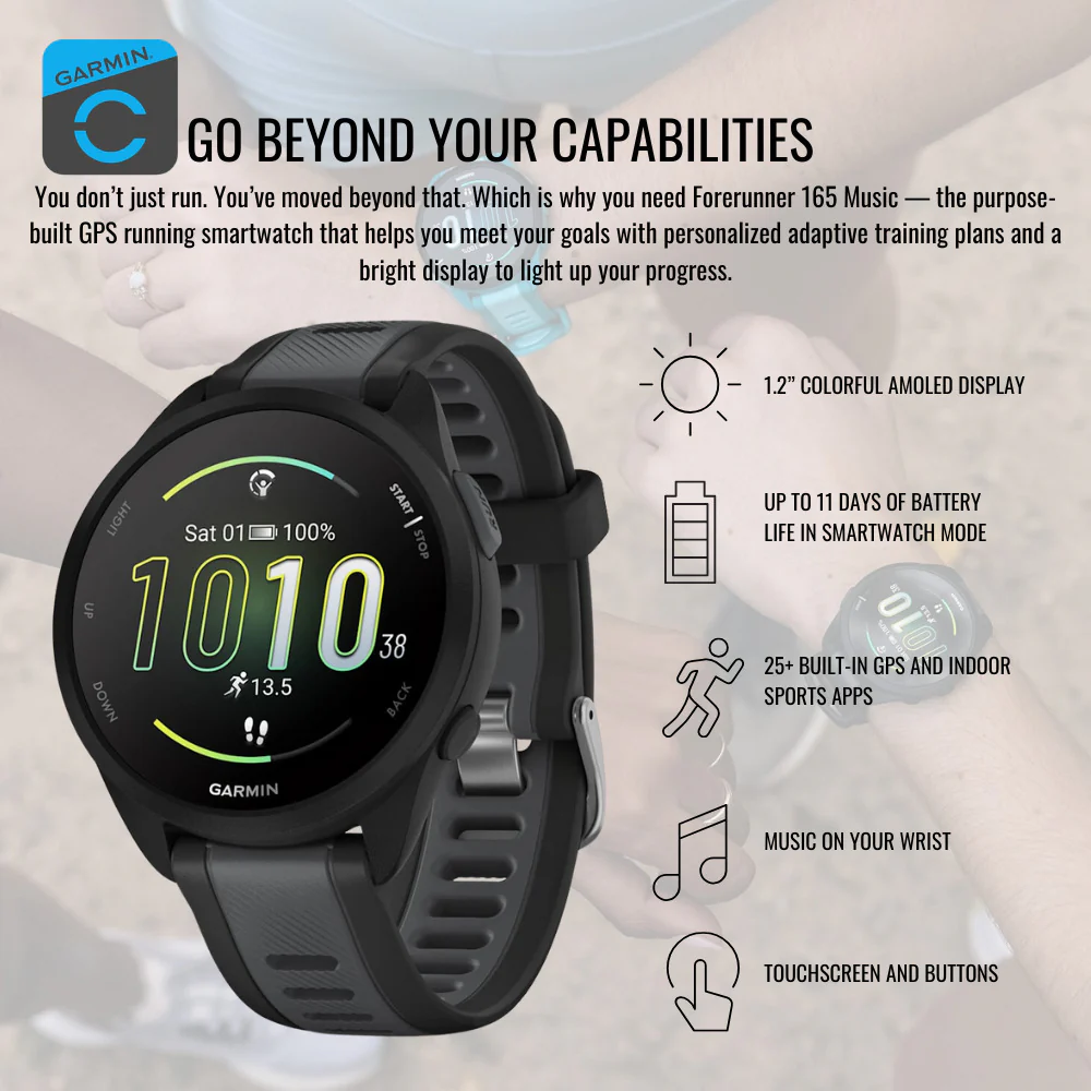 Garmin Forerunner 165 Music GPS Running Smartwatch (Black-Slate Gray) with Charger Stand Bundle - Image 3