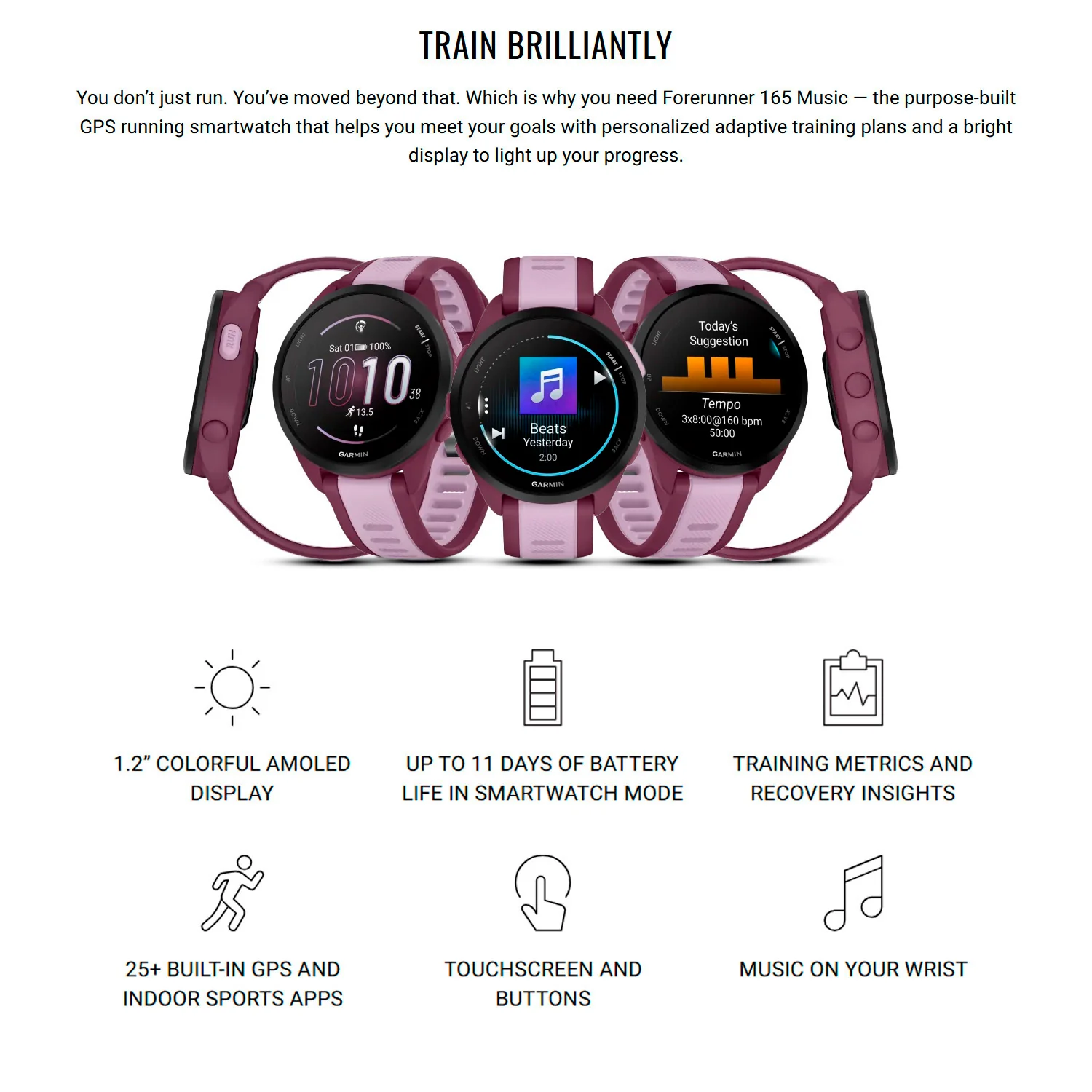 Garmin Forerunner 165 Music GPS Running Smartwatch (Berry-Lilac) with Charger Stand and Cable Bundle - Image 3