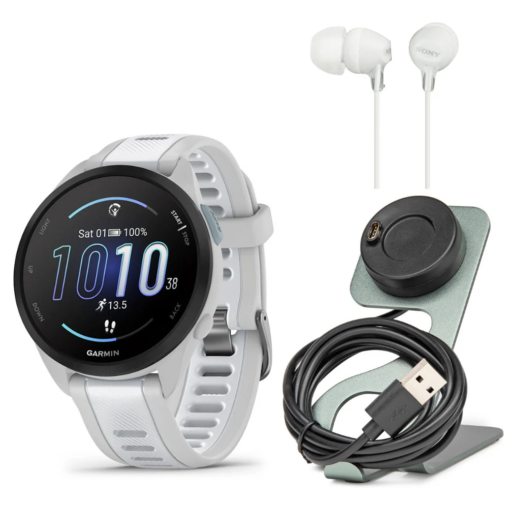 Garmin Forerunner 165 GPS Running Smartwatch (Mist Gray-Whitestone) with Charger Stand Bundle