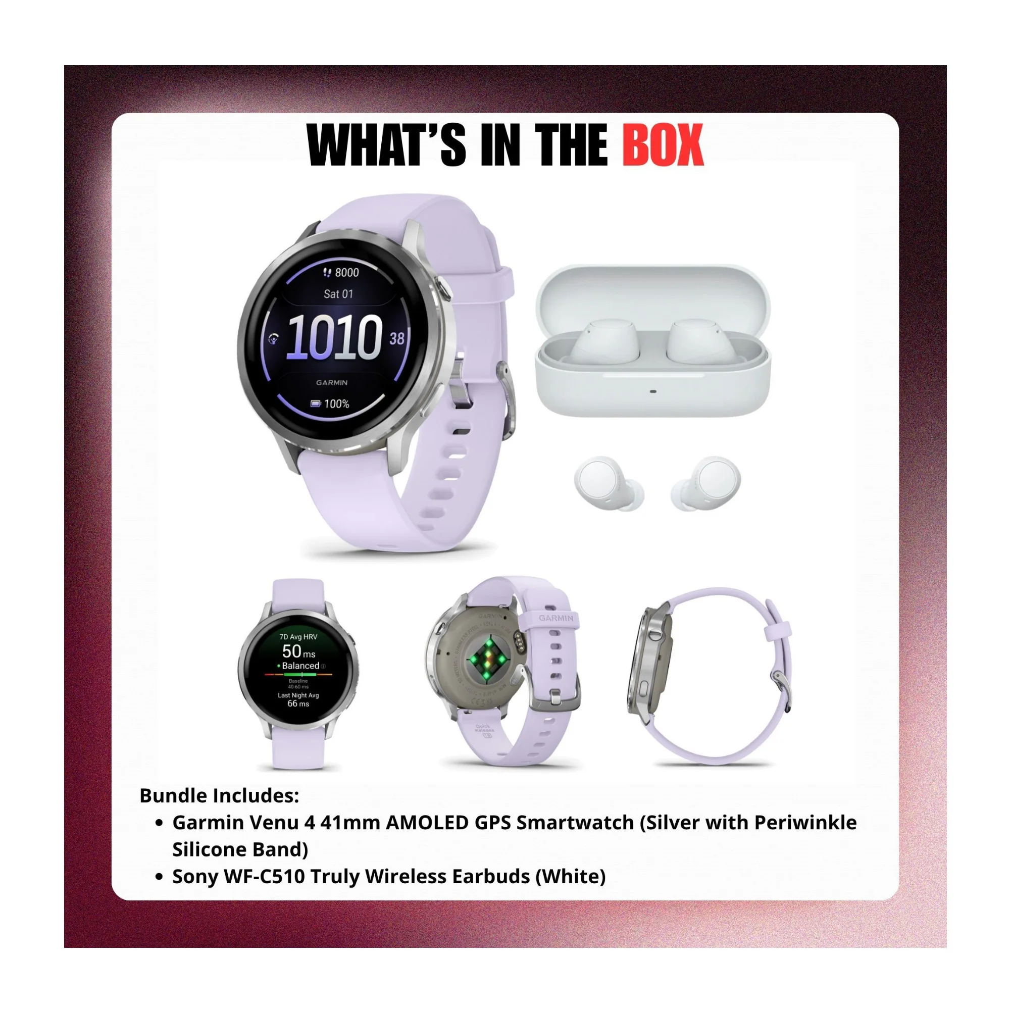 Garmin Venu 4 41mm AMOLED (Silver/Periwinkle) GPS Smartwatch with Earbuds Bundle - Image 8
