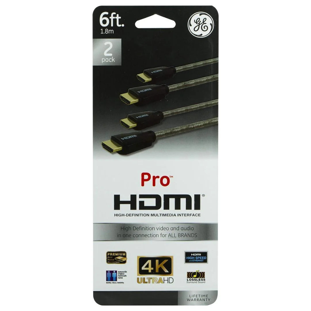 GE Pro Premium 6 Feet High-Speed HDMI Cable with Built-In Ethernet for 4K UltraHD (Silver, 2-Pack) - Image 5