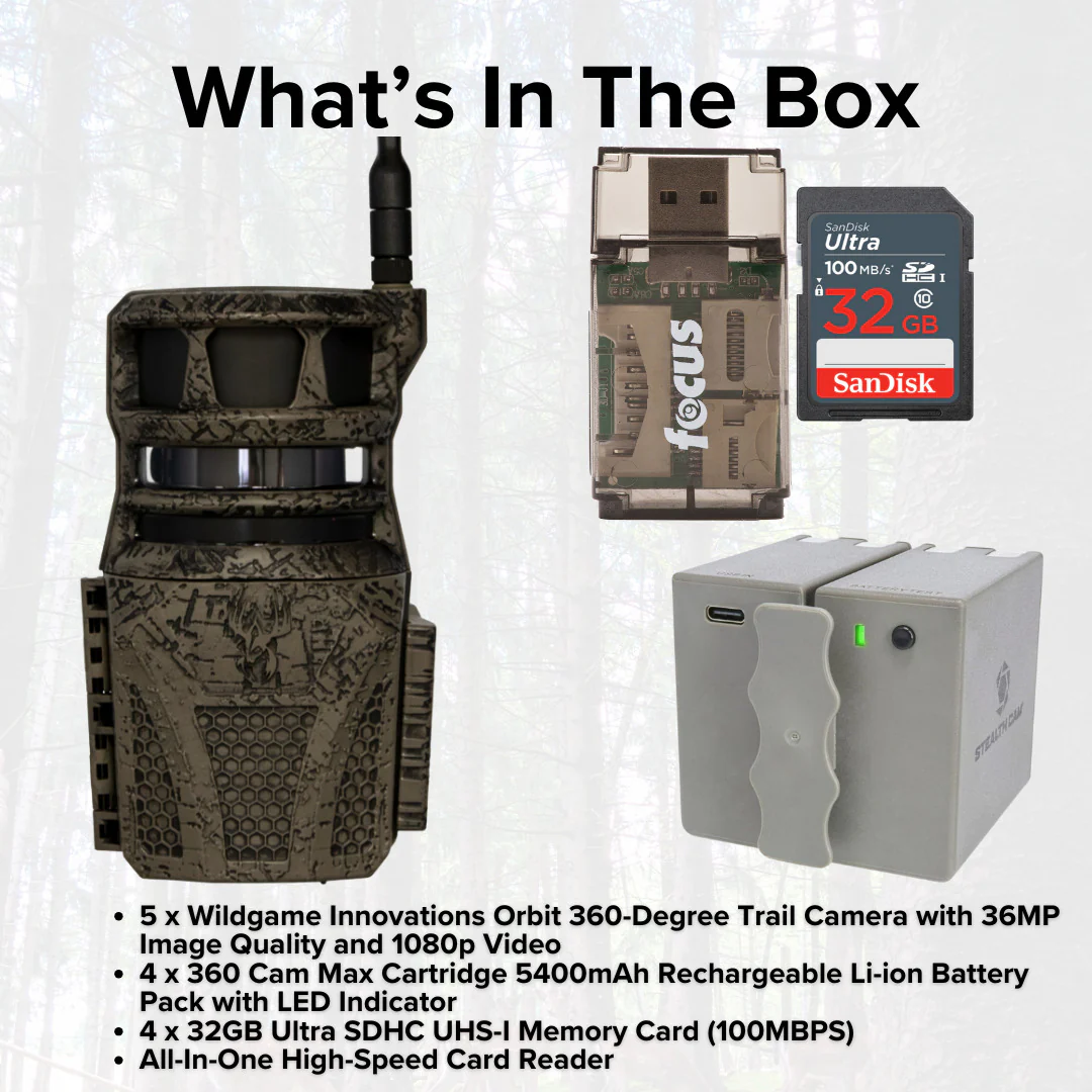 Wildgame Innovations Orbit 360-Degree 36MP Trail Camera (5-Pack) with 4 x 5400mAh Battery Bundle - Image 7