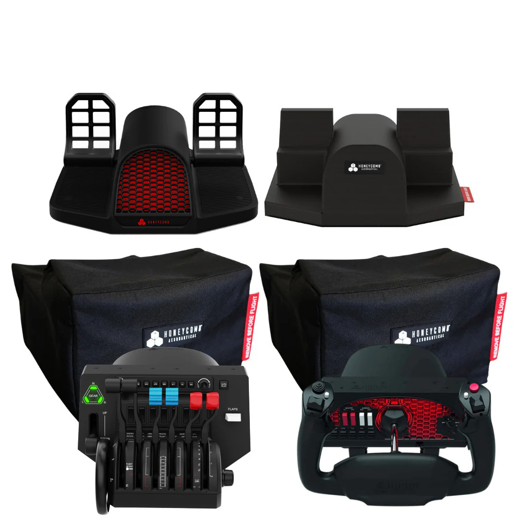 Honeycomb Aeronautical Charlie Rudder Pedals with Bravo Throttle, Alpha Yoke, and Dust Covers Bundle