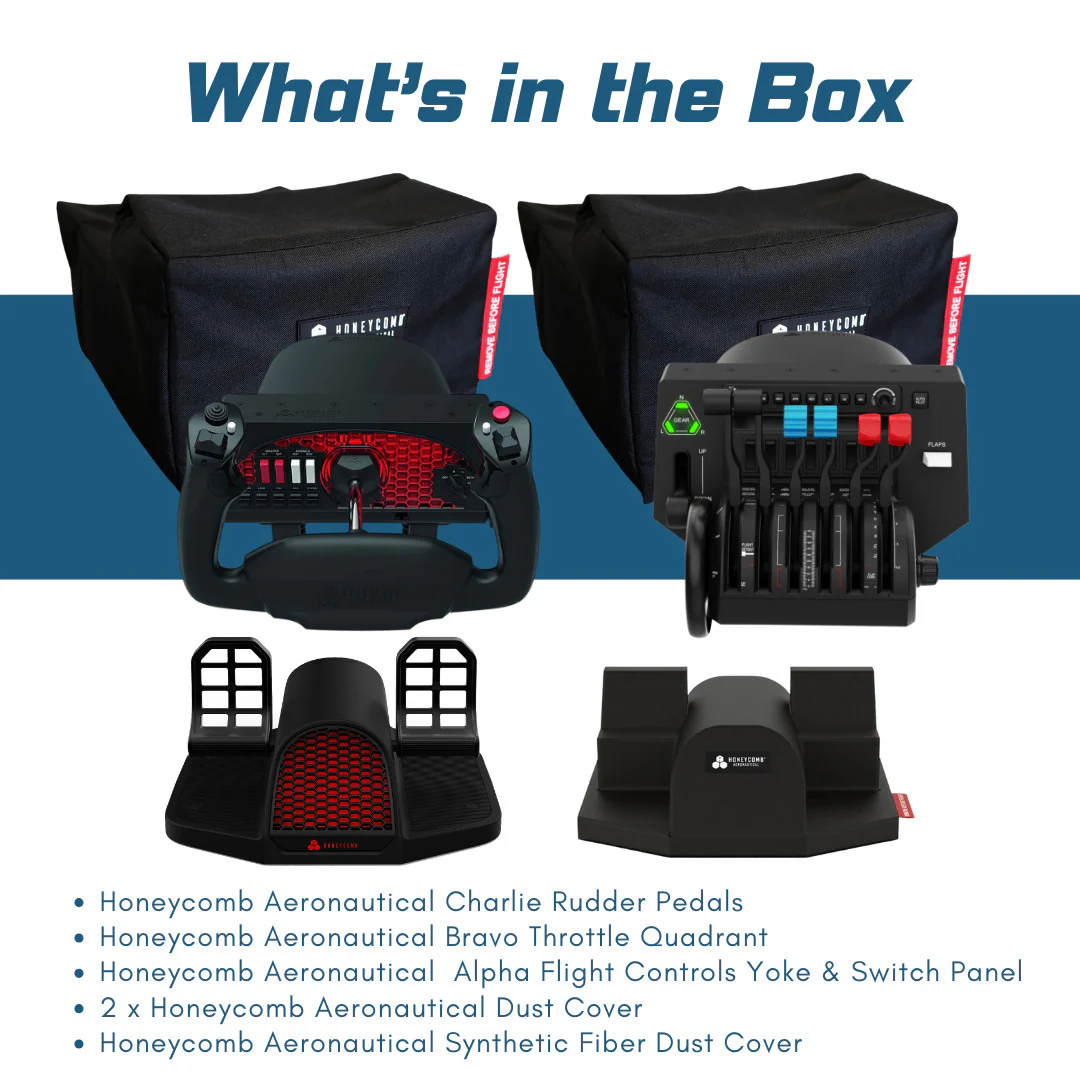 Honeycomb Aeronautical Charlie Rudder Pedals with Bravo Throttle, Alpha Yoke, and Dust Covers Bundle - Image 7