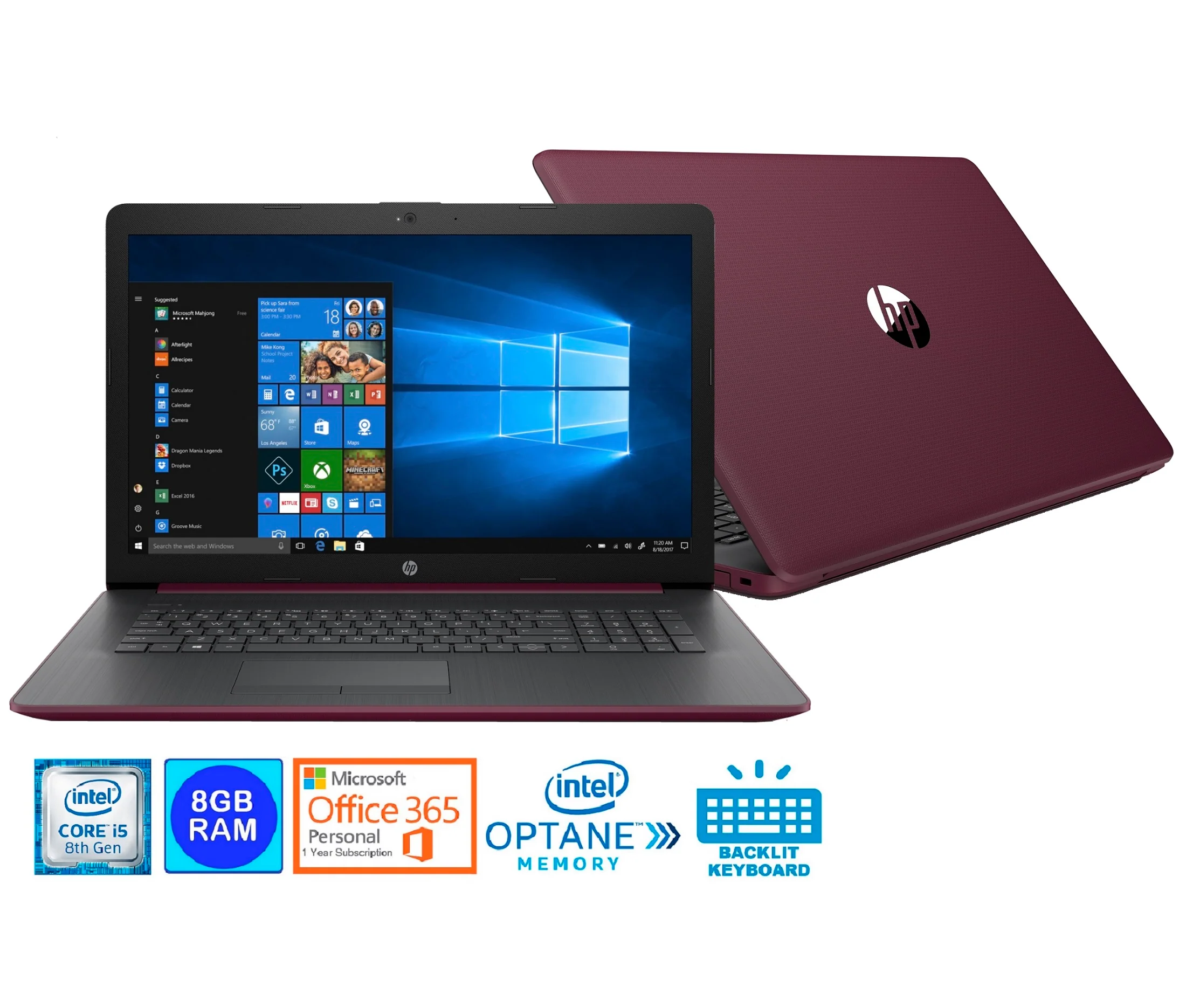 HP 17-BY0027-CY 17.3" HD+ Laptop, Intel Core i5-8250U, 8GB RAM, 1TB HDD + 16GB Intel Optane, Microsoft Office 365 (1-Year) (Certified Refurbished)