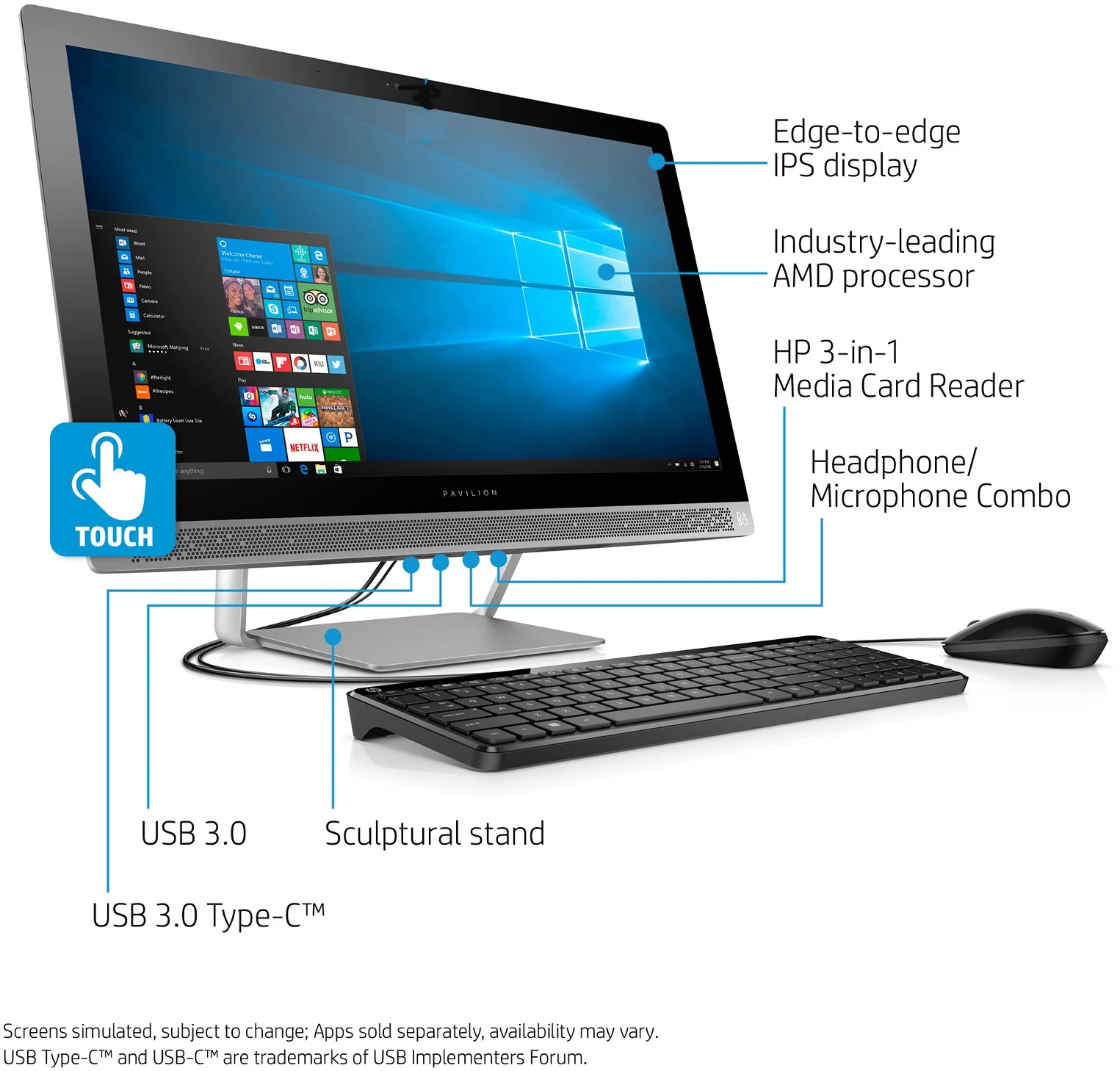 HP Pavilion 24-b217c 23.8" FHD Touch All-in-One PC, Intel Core i5-7400T, 12GB RAM (Certified Refurbished) - Image 2