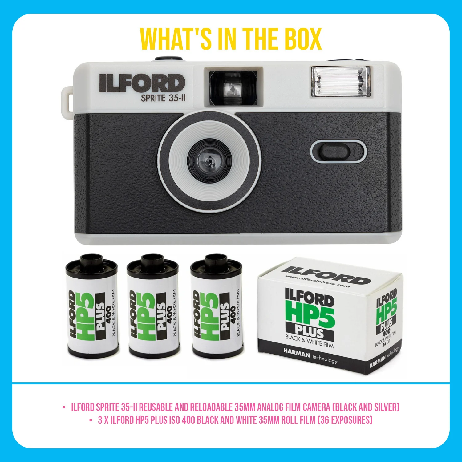 Ilford Sprite 35-II Reloadable 35mm Analog Film Camera and Ilford Film Roll (3-Pack) Bundle - Image 7