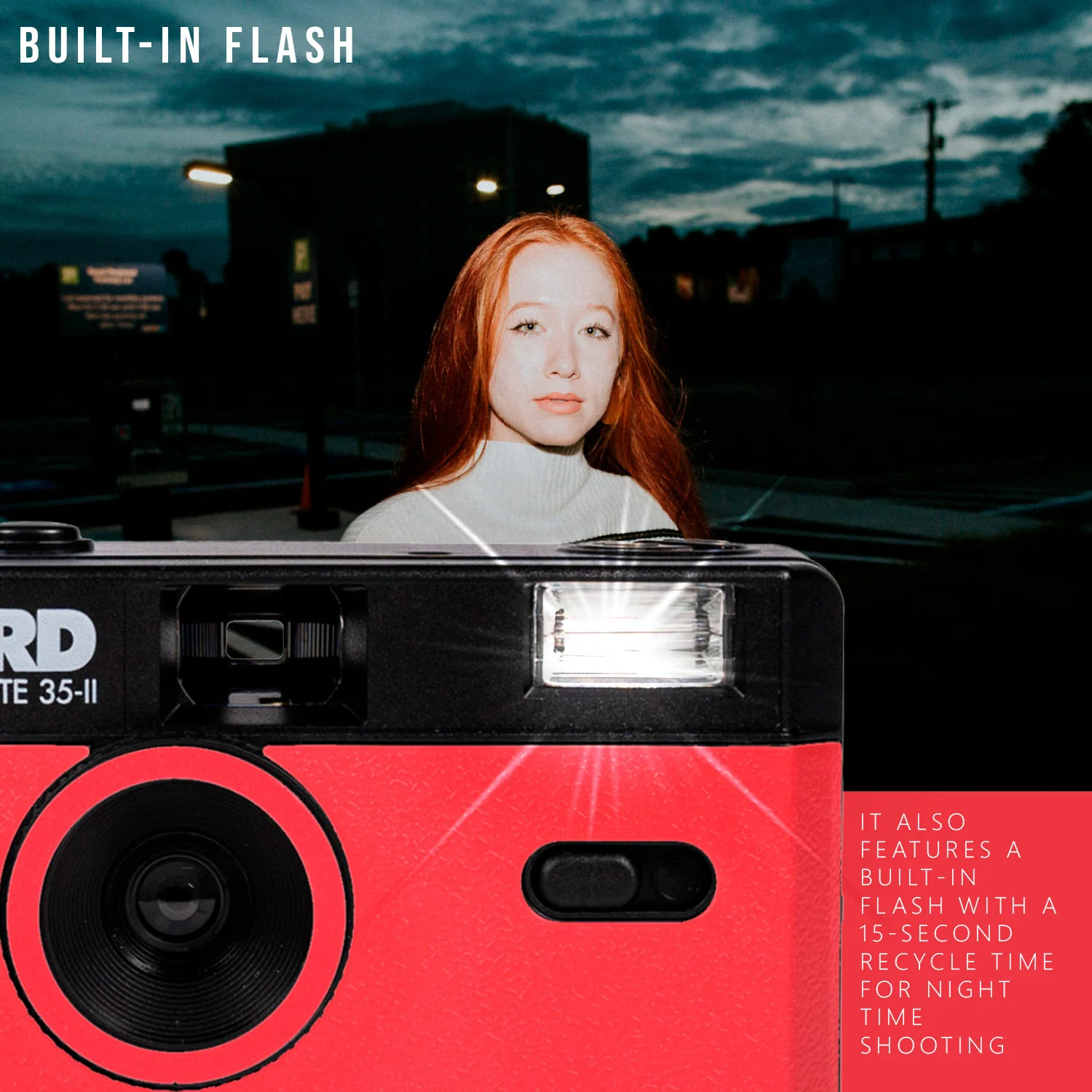 Ilford Sprite 35-II Reusable Reloadable 35mm Analog Film Camera (Red-Black) with 3x Roll Film Bundle - Image 3