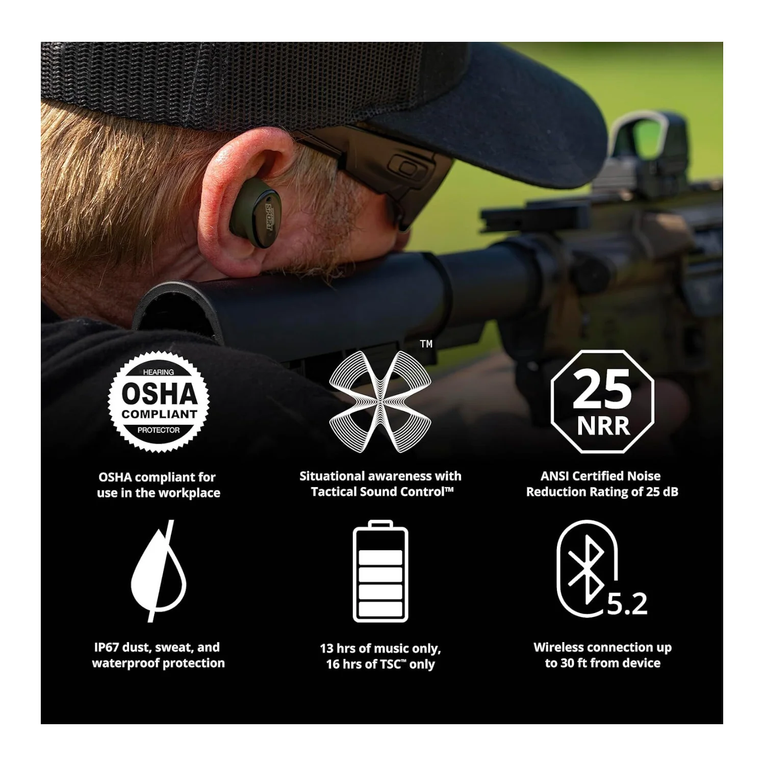 CALIBER Tactical Earbuds with True Wireless Bluetooth, 25 NRR, OD Green & Black - Image 6