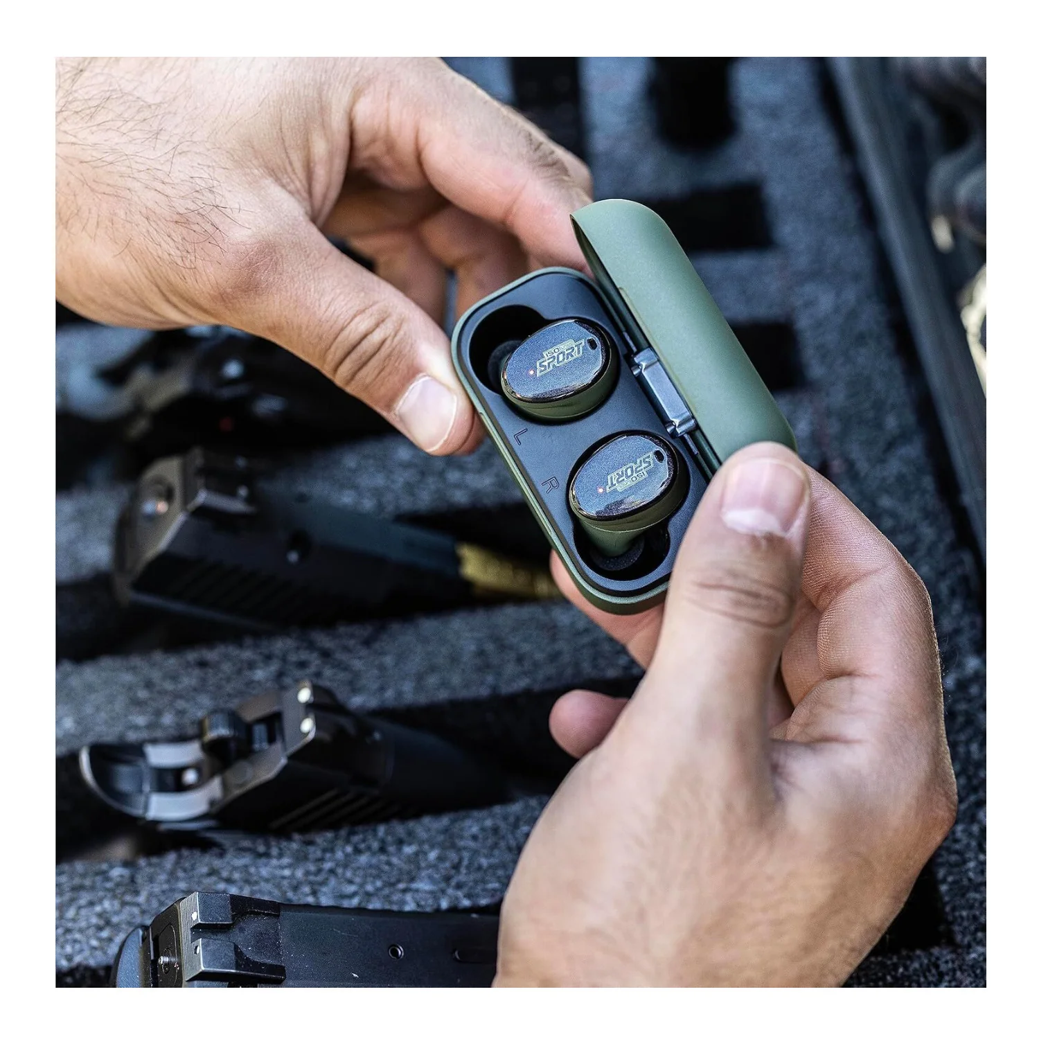 CALIBER Tactical Earbuds with True Wireless Bluetooth, 25 NRR, OD Green & Black - Image 7
