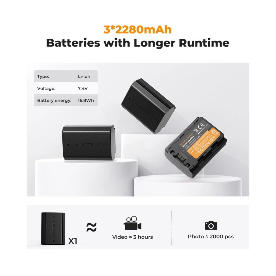 K&F Concept 2280mAh NP-FZ100 Li-Ion Replacement Battery 3-Pack and Three Slot LCD Charger for Sony - Image 4