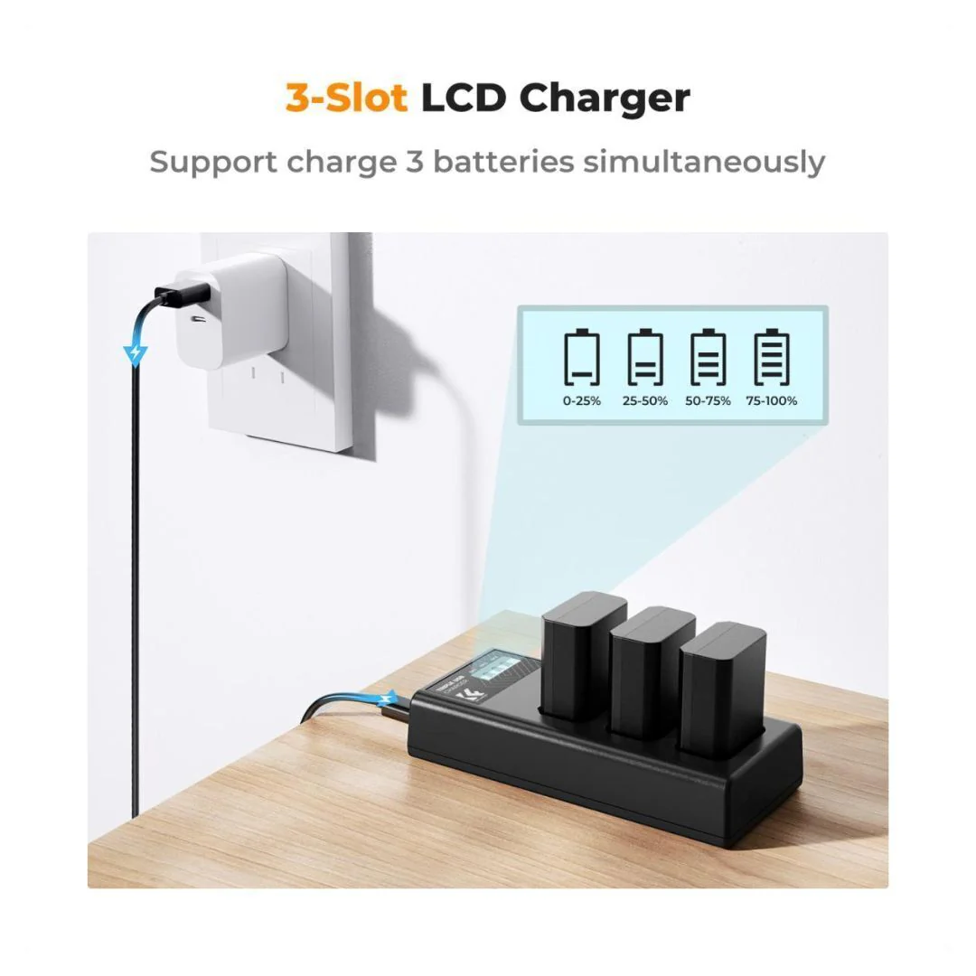K&F Concept 2280mAh NP-FZ100 Li-Ion Replacement Battery 3-Pack and Three Slot LCD Charger for Sony - Image 5