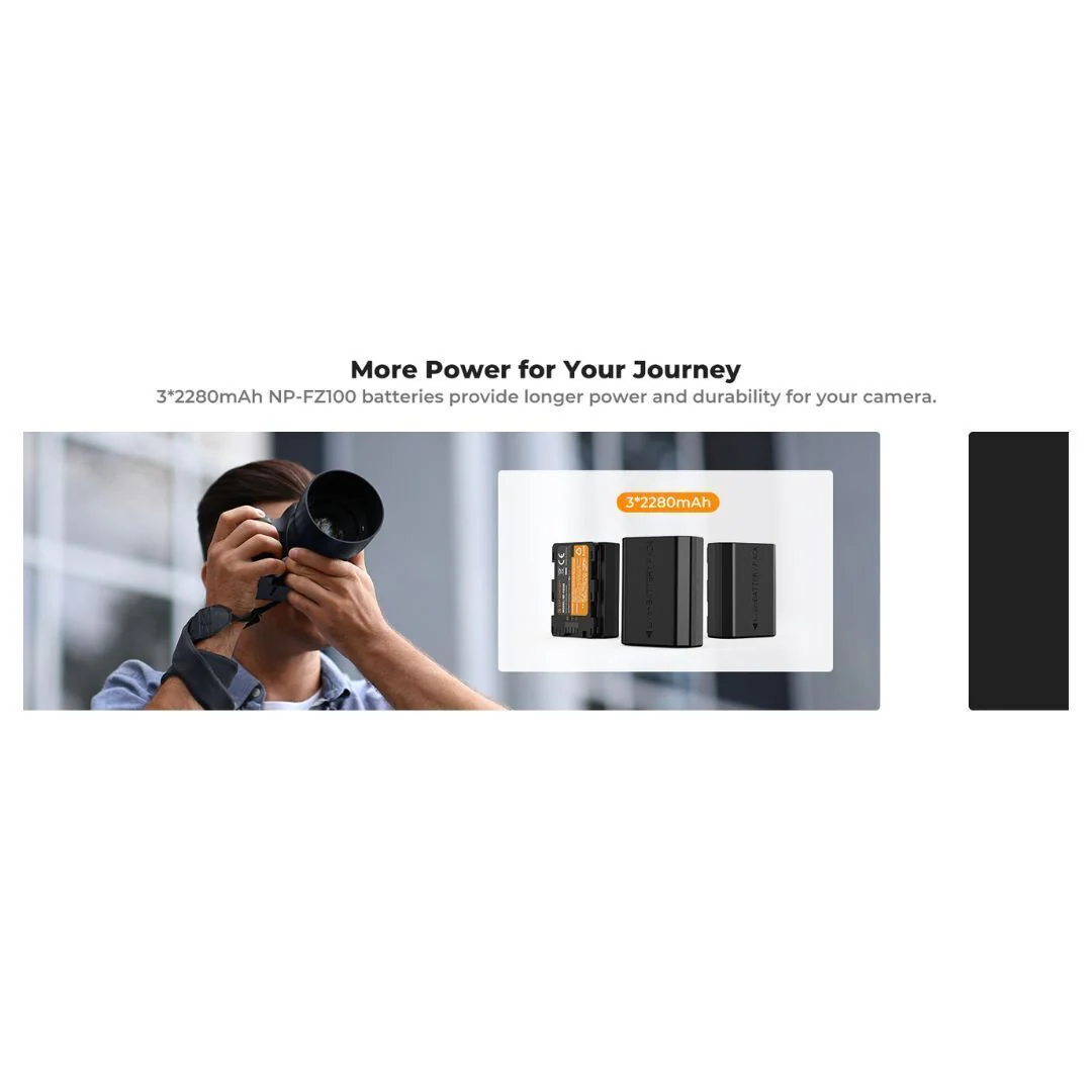 K&F Concept 2280mAh NP-FZ100 Li-Ion Replacement Battery 3-Pack and Three Slot LCD Charger for Sony - Image 8