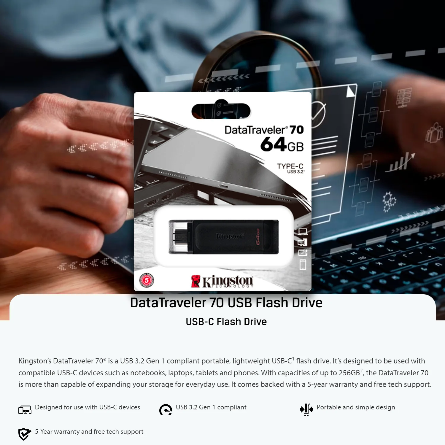 Kingston DataTraveler 70 USB 3.2 Flash Drive with Lightweight Design (128GB, Black, 10-Pack) Bundle - Image 3