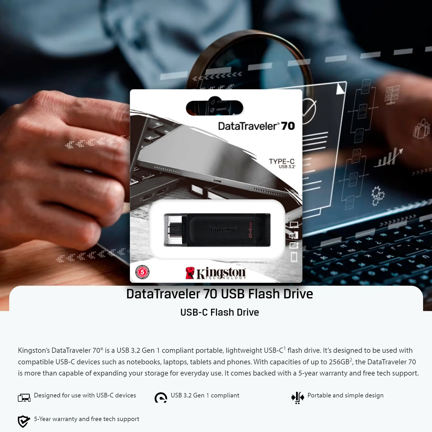 Kingston DataTraveler 70 USB 3.2 Flash Drive with Lightweight Design (64GB, Black, 10-Pack) Bundle - Image 5