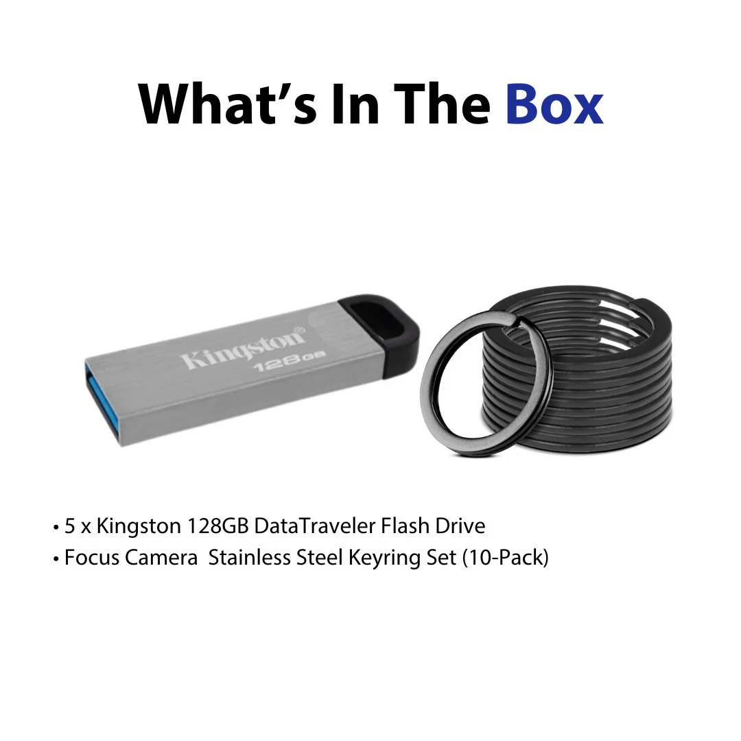 Kingston 128GB DataTraveler Kyson USB 3.2 Flash Drive (5-Pack) and Focus Camera Keyrings Bundle - Image 7