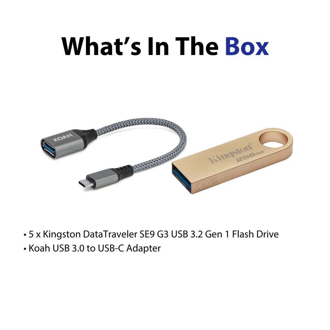 Kingston DataTraveler SE9 G3 USB 3.2 Gen 1 Flash Drive (256GB, 5-Pack) and Adapter Bundle - Image 7