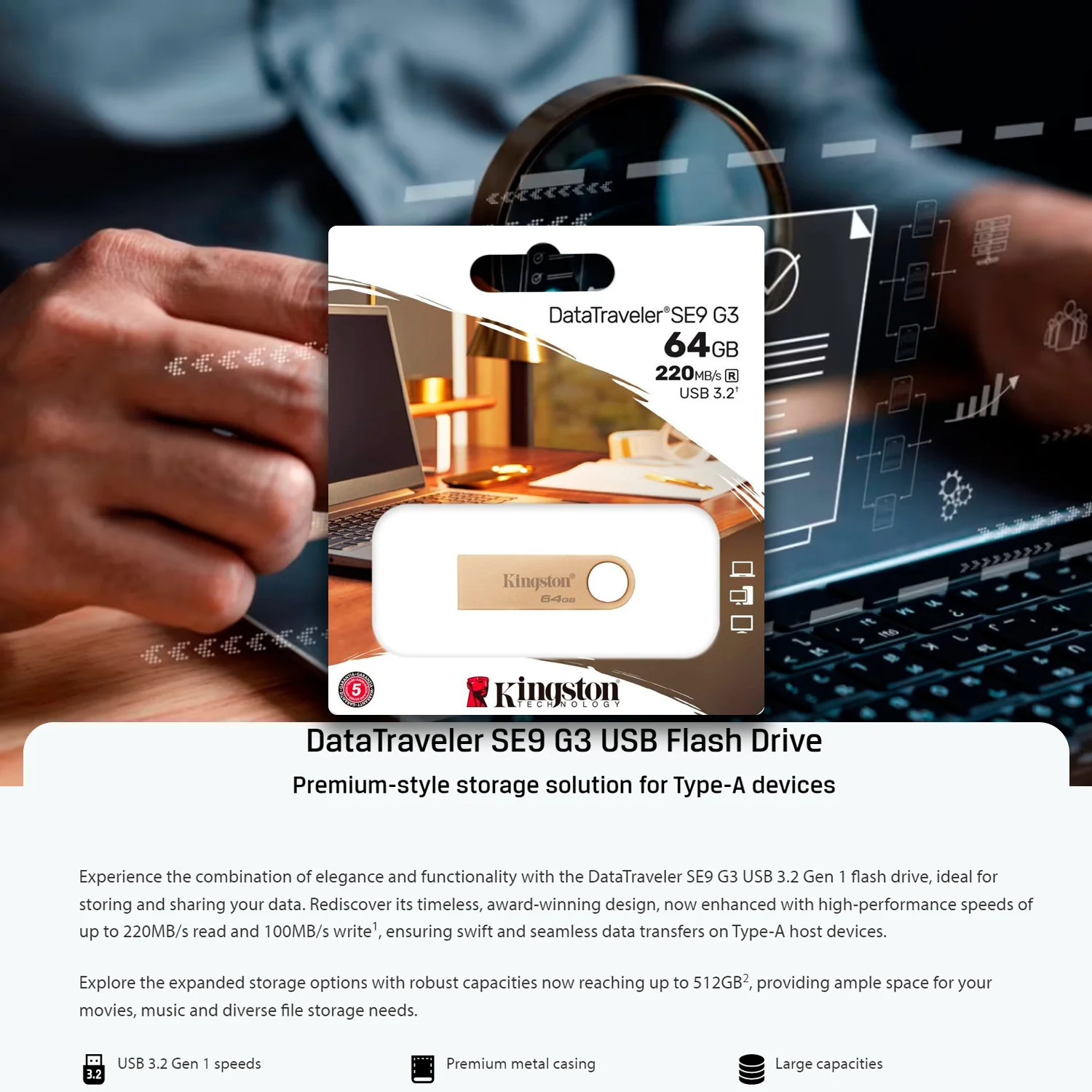 Kingston DataTraveler SE9 G3 USB 3.2 Flash Drive with 220MBPS Read Speed (64GB, 3-Pack) Bundle - Image 3