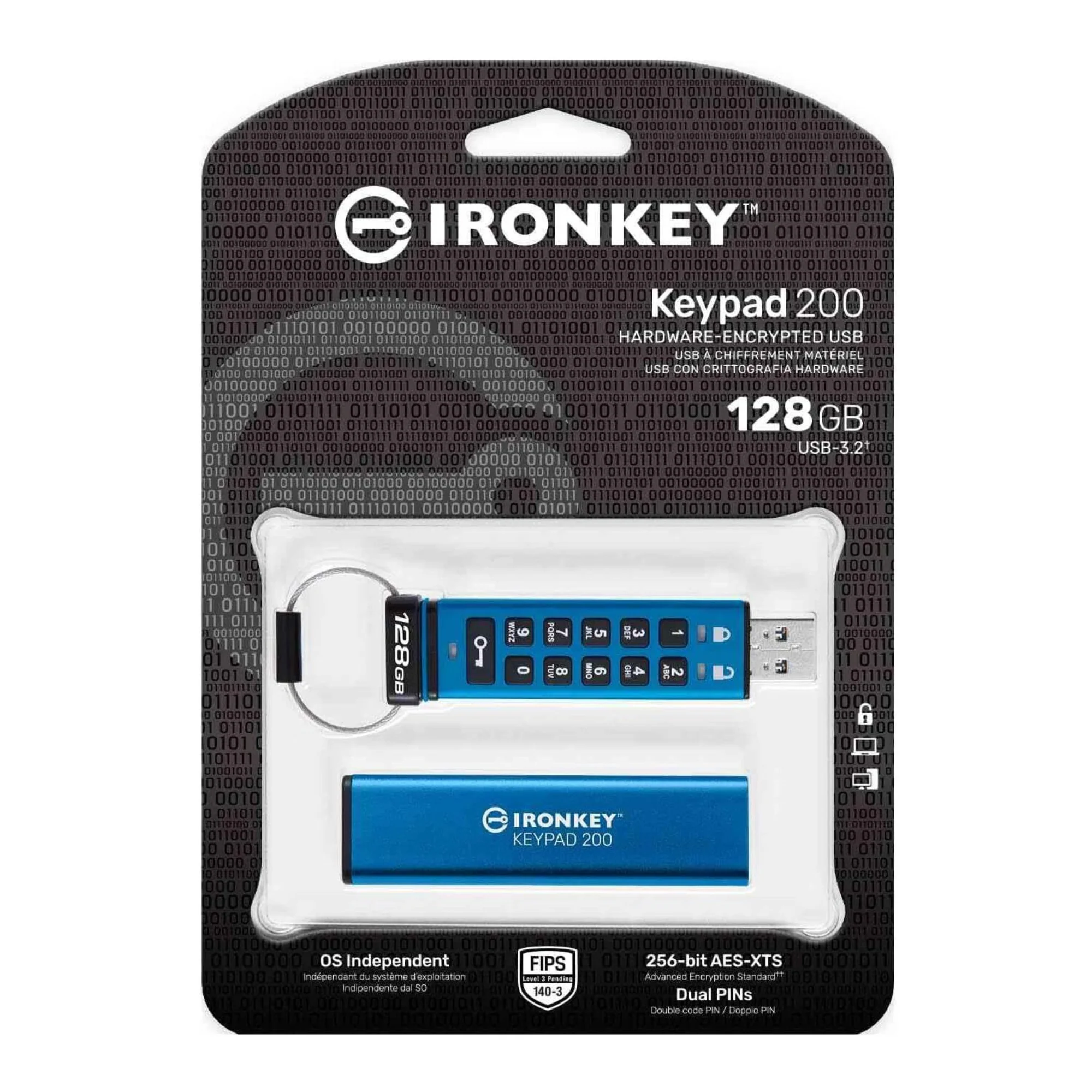 Kingston IronKey Keypad 200 Series 128GB USB-A Encrypted Flash Drive (Blue) - Image 3