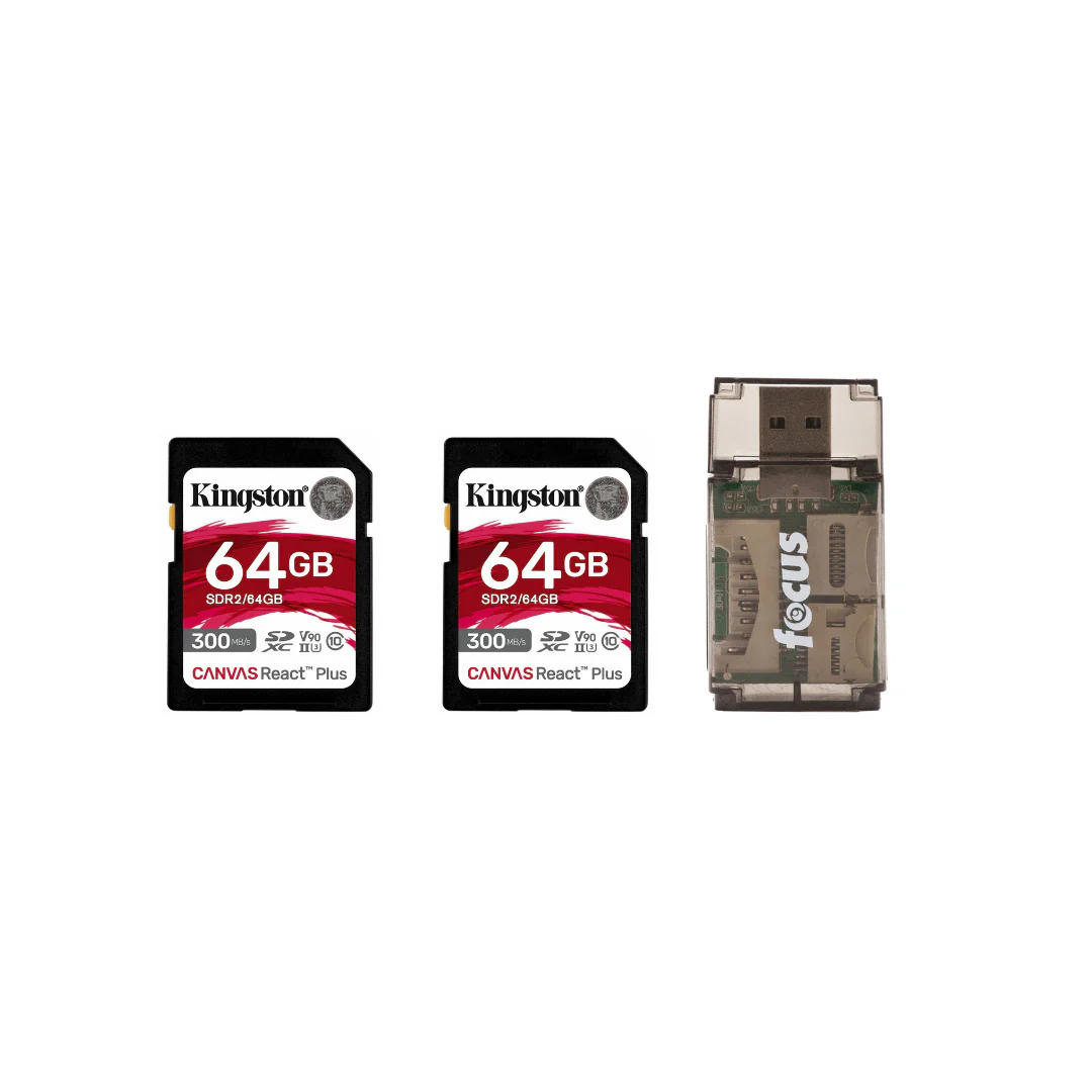 Kingston Canvas React Plus 64GB U3 V90 SD Card (2-Pack) and Focus All-In-One Card Reader Bundle