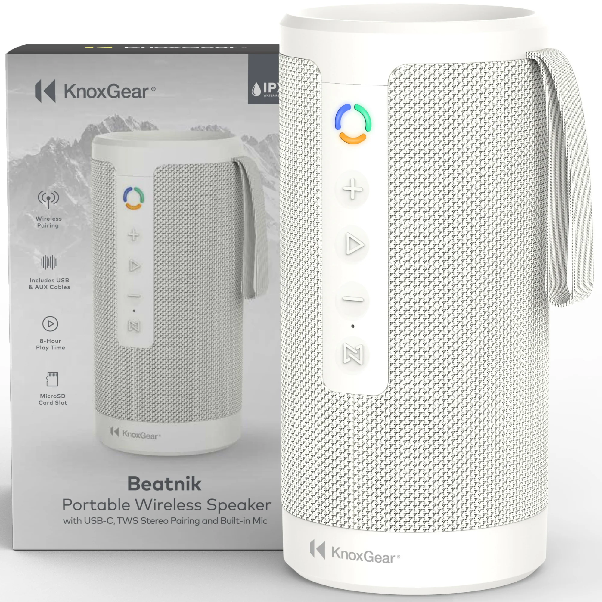 Knox Gear Beatnik Portable Bluetooth Speaker IPX5 Waterproof Speaker (White) - Image 2