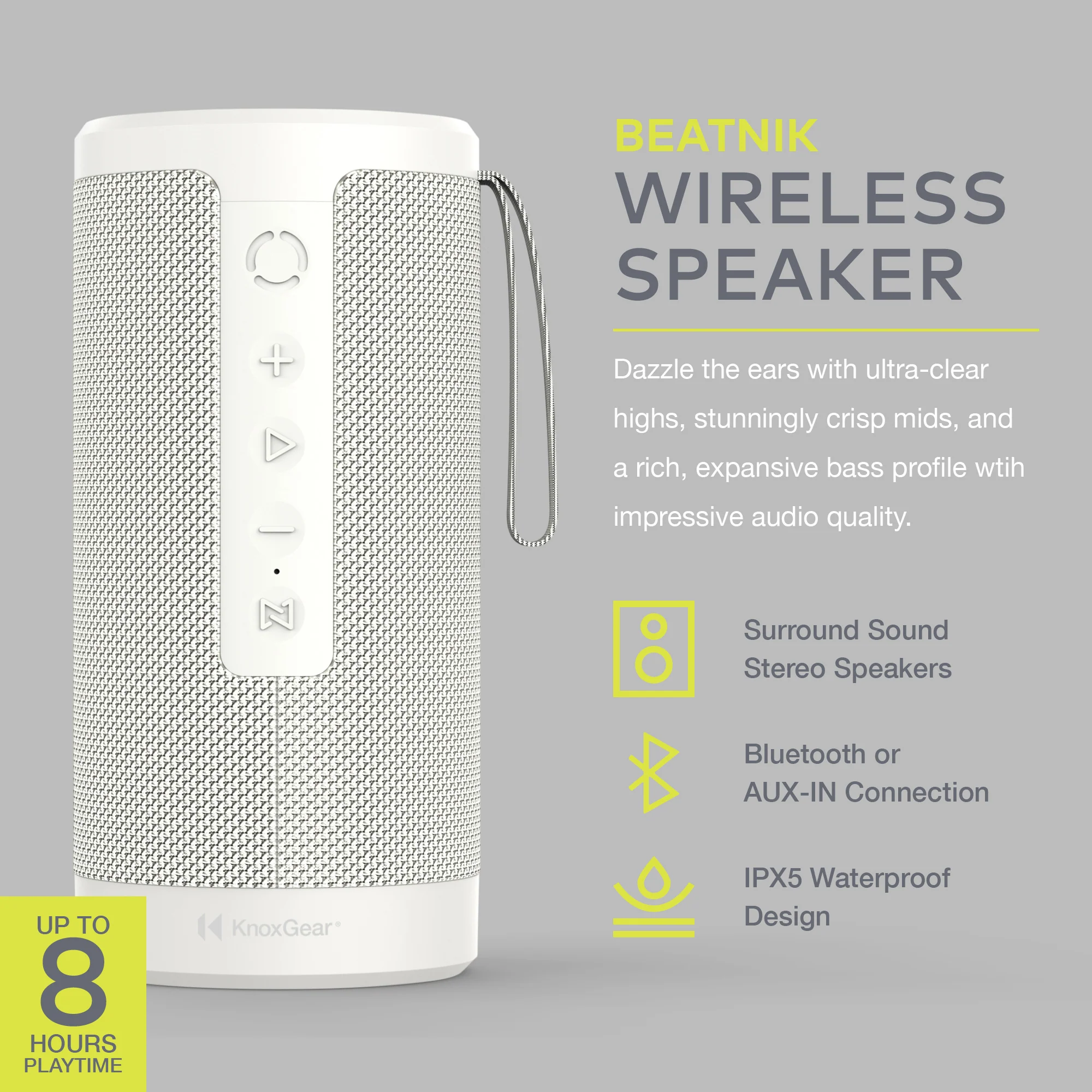 Knox Gear Beatnik Portable Bluetooth Speaker IPX5 Waterproof Speaker (White) - Image 3