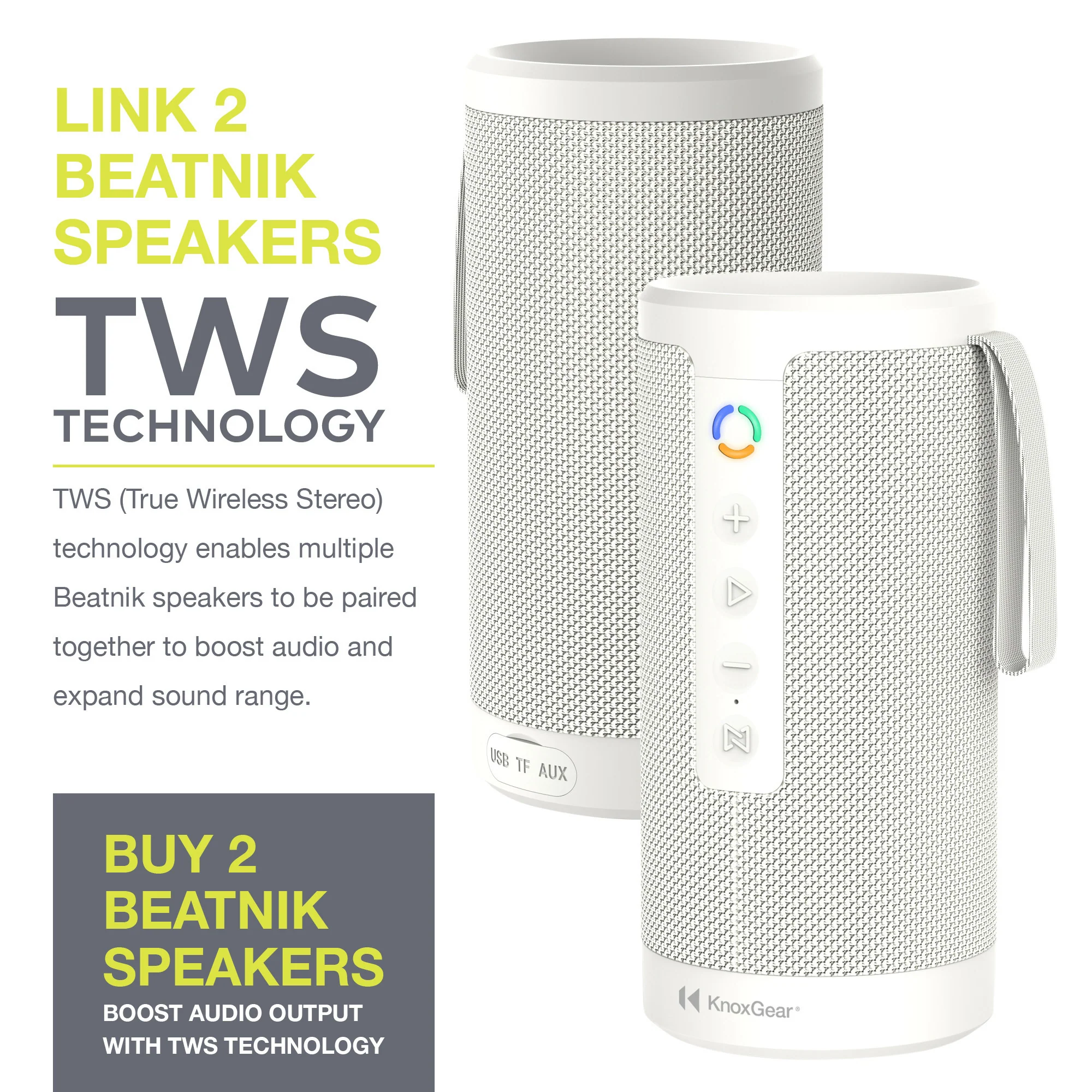 Knox Gear Beatnik Portable Bluetooth Speaker IPX5 Waterproof Speaker (White) - Image 5
