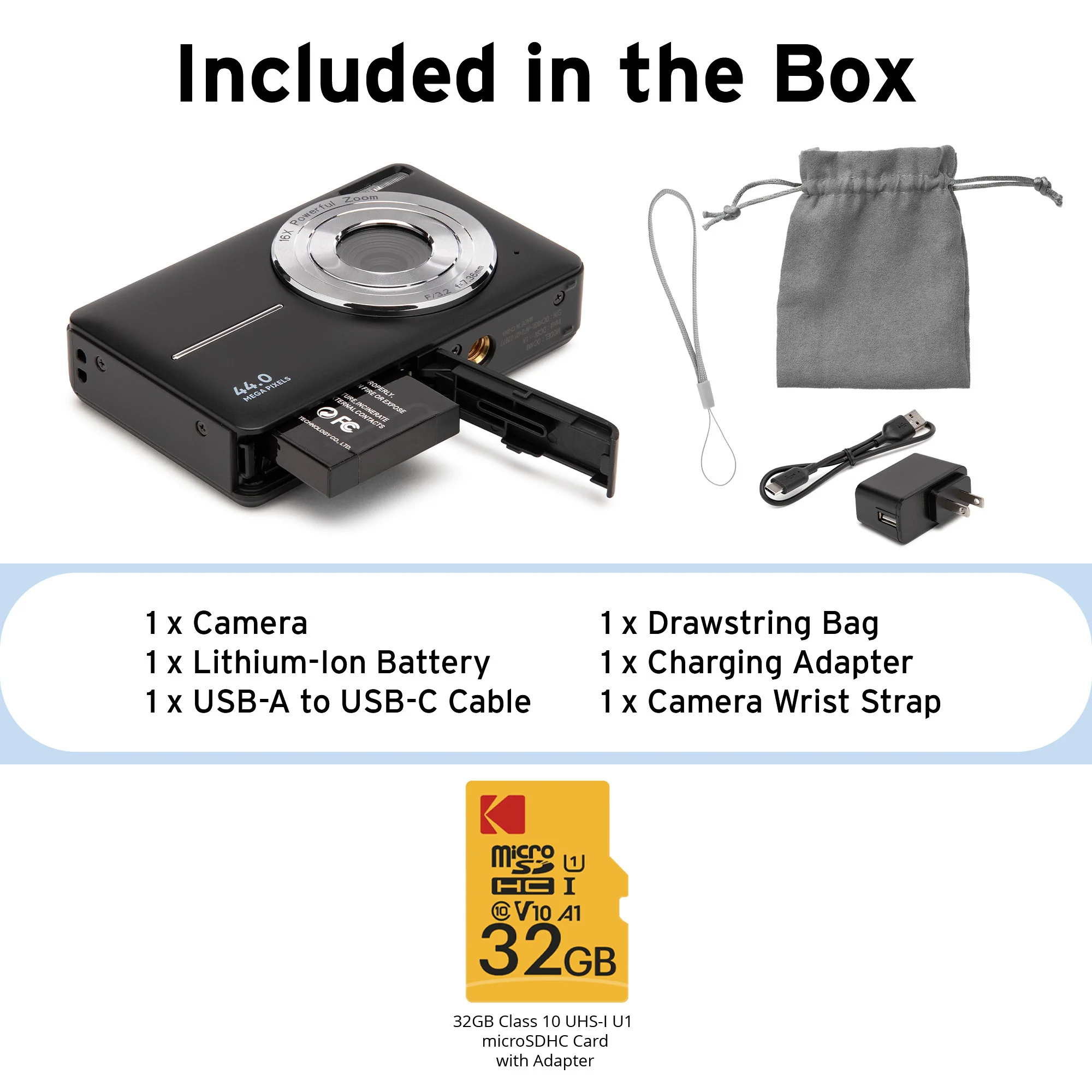 Koah 44MP FHD Point and Shoot Digital Camera with 16X Power Zoom (Black) and 32GB Card Bundle - Image 2