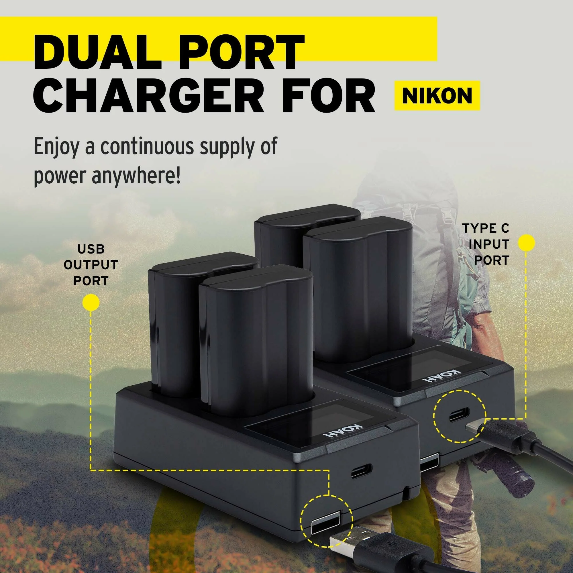 Koah Rechargeable 2250mAh Replacement Batteries for Nikon EN-EL15c (2-Pack) and Dual LCD Charger - Image 5